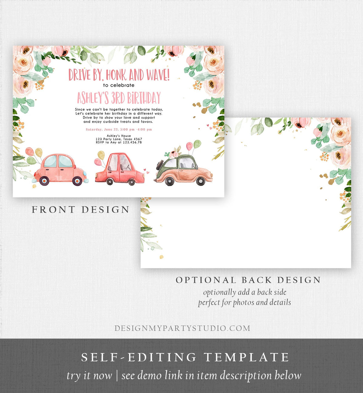 Editable Drive By Birthday Parade Invitation Virtual Party Invite Honk Wave Car Girl Pink Quarantine Instant Download Digital Corjl 0346