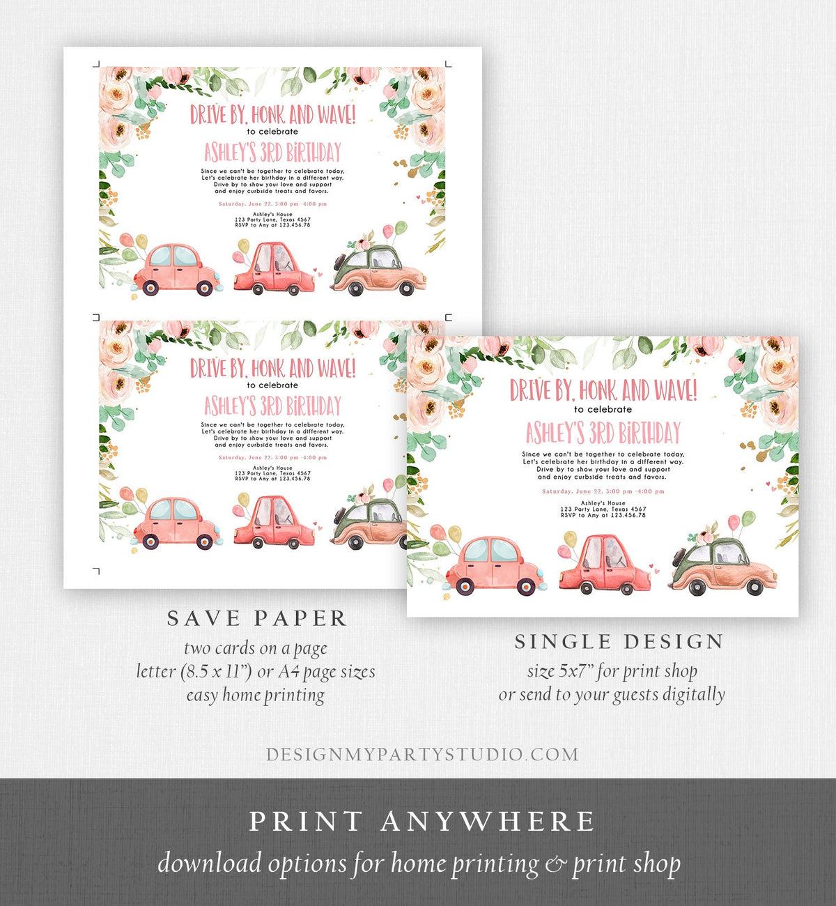 Editable Drive By Birthday Parade Invitation Virtual Party Invite Honk Wave Car Girl Pink Quarantine Instant Download Digital Corjl 0346