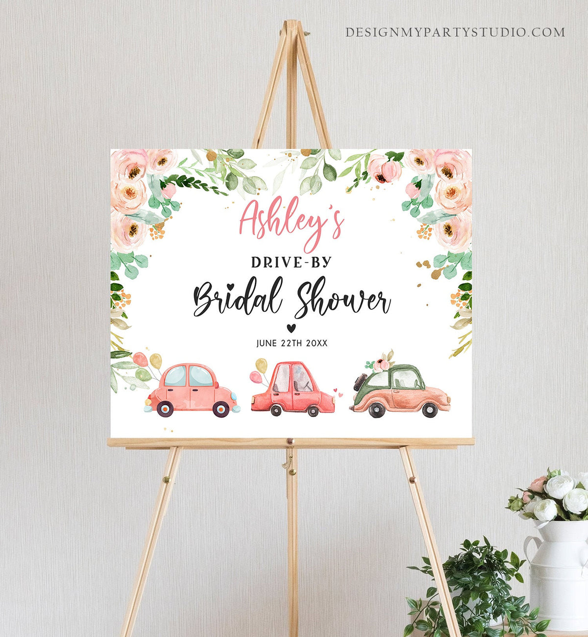 Editable Drive By Baby Shower Sign Welcome Pink Gold Floral Girl Couples Quarantine Party Drive Through Parade Yard Sign Corjl Template 0346