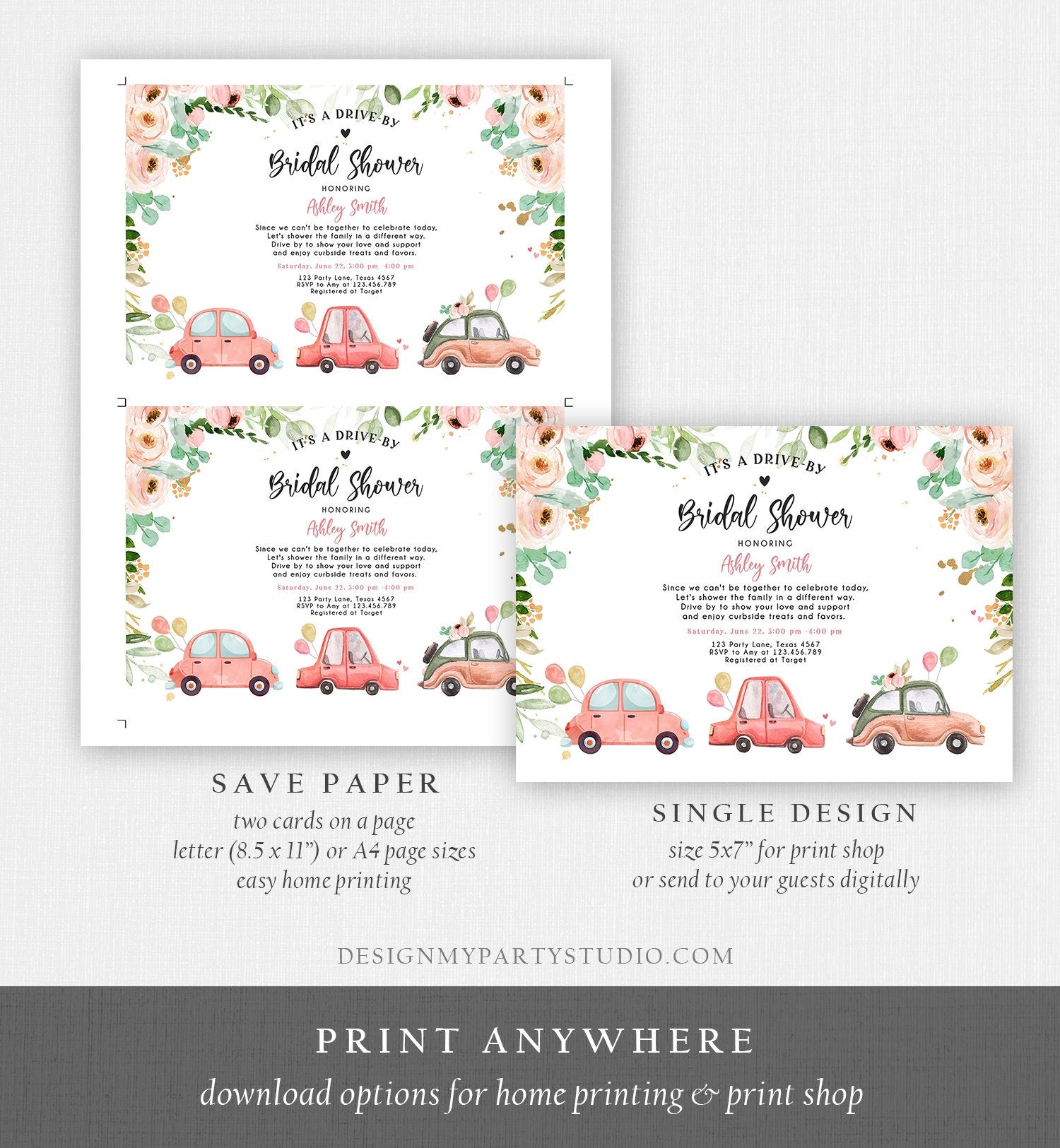 Editable Drive By Bridal Shower Invitation Couples Shower Invite Quarantine Drive Trough Floral Wedding Shower Template Download Corjl 0346