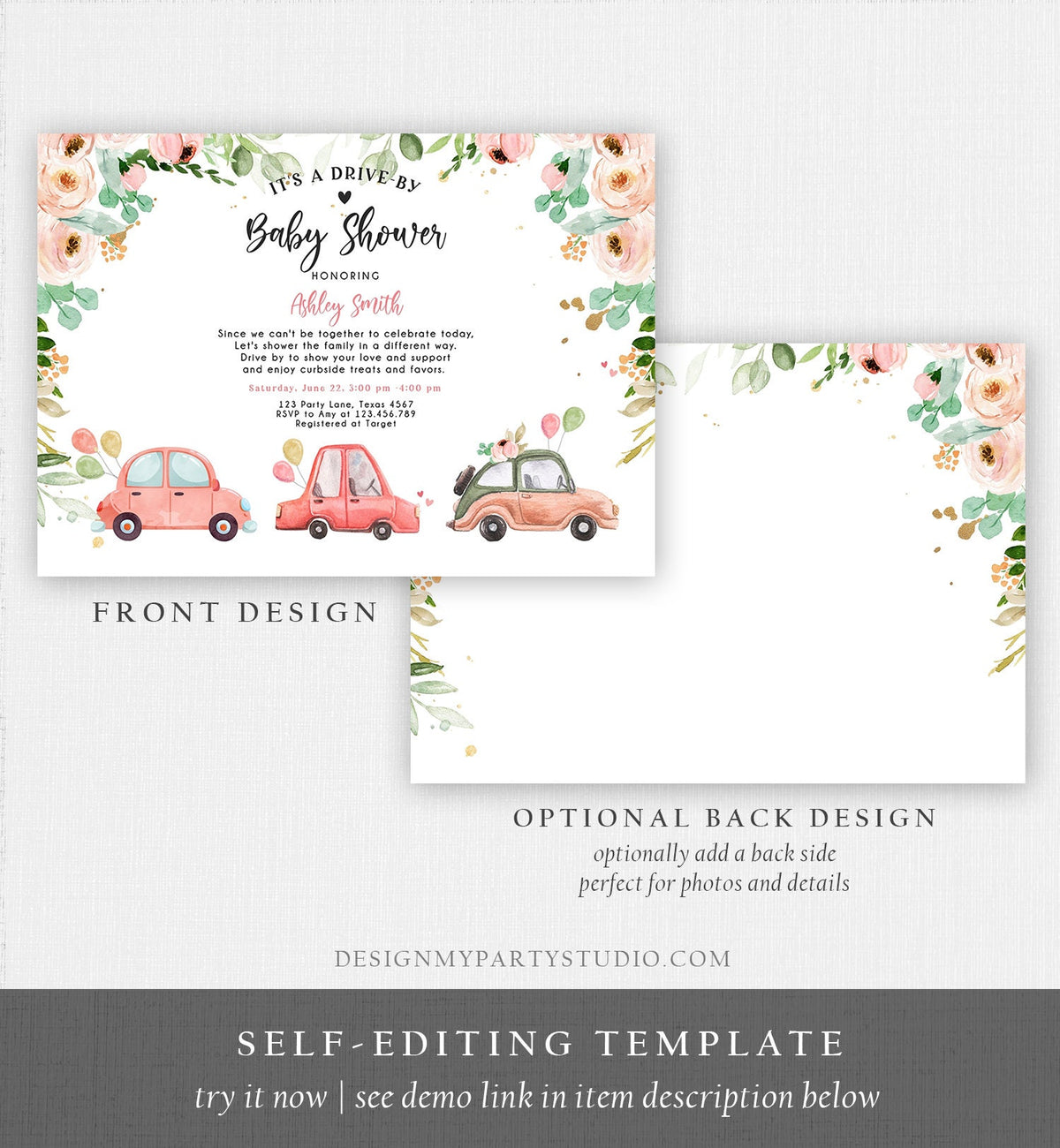 Editable Drive By Baby Shower Invitation Pink Girl Baby Shower Invite Quarantine Drive Trough Floral Sprinkle Template Download Corjl 0346