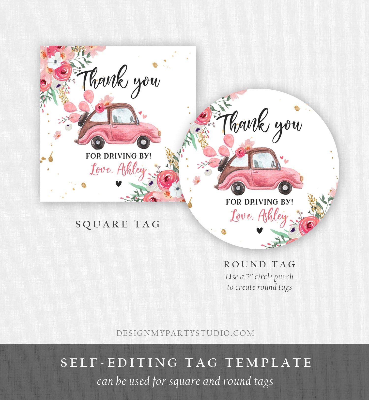 Editable Drive By Favor Tag Thank You Driving By Baby Shower Birthday Parade Gift Tags Quarantine Pink Floral Car Girl Corjl Template 0335