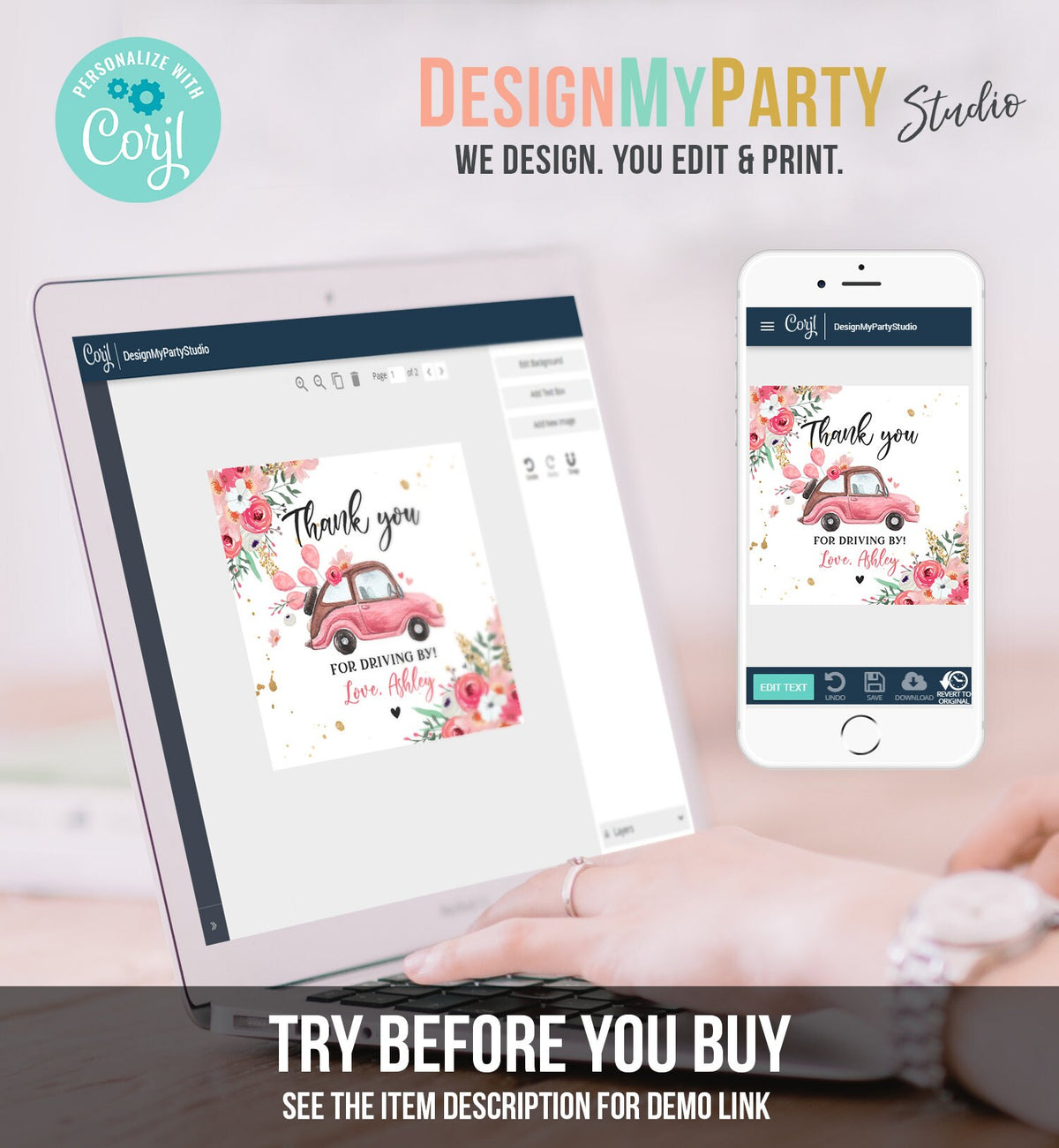 Editable Drive By Favor Tag Thank You Driving By Baby Shower Birthday Parade Gift Tags Quarantine Pink Floral Car Girl Corjl Template 0335