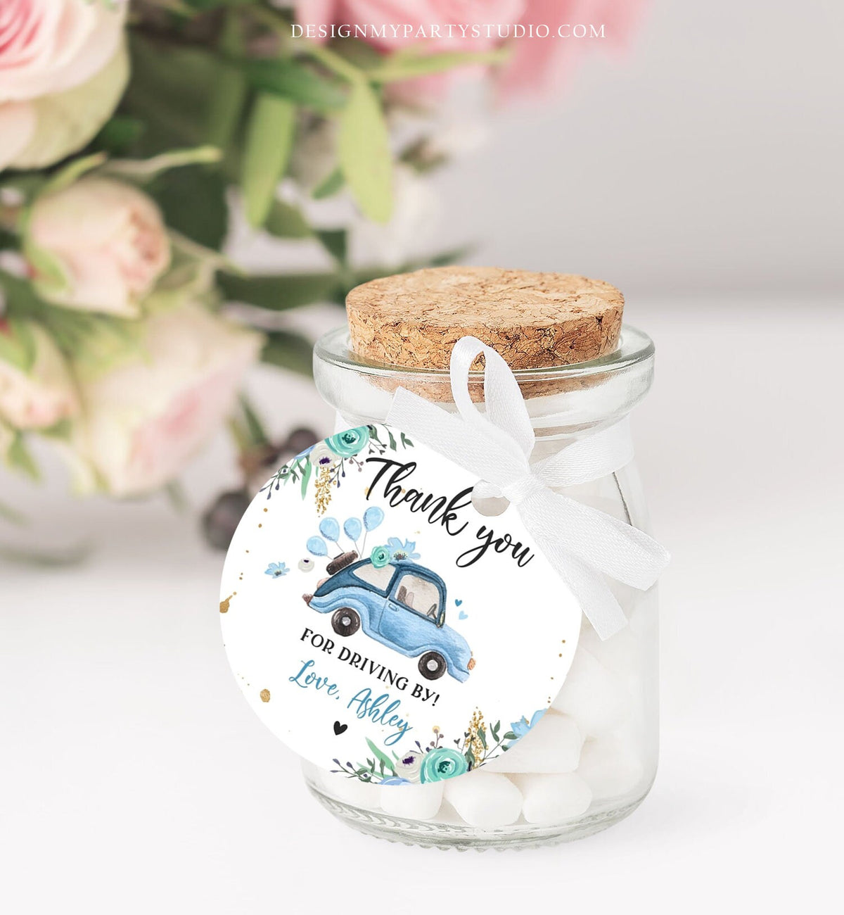 Editable Drive By Favor Tag Thank You Driving By Baby Shower Birthday Parade Gift Tags Quarantine Blue Floral Car Girl Corjl Template 0335