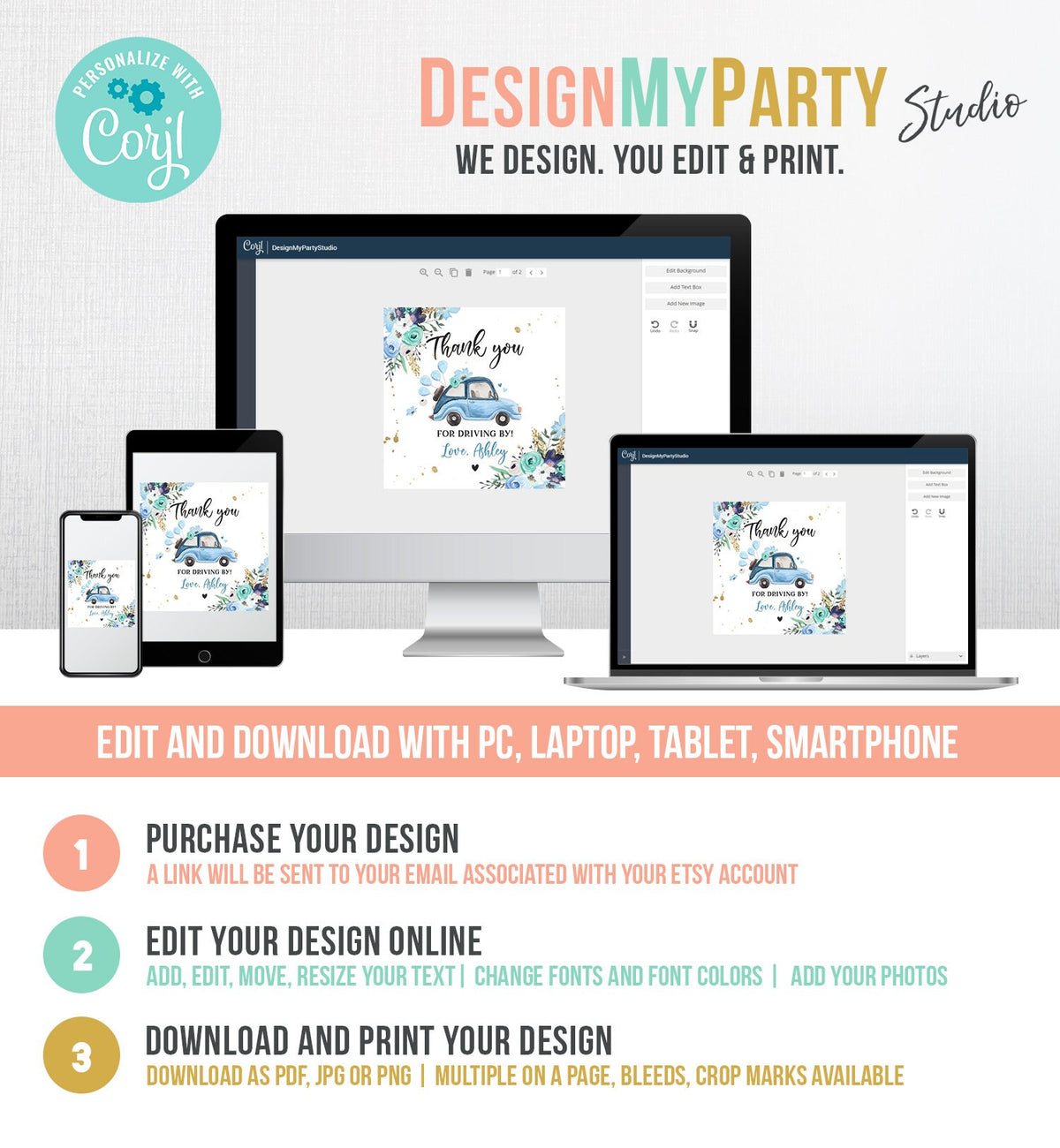 Editable Drive By Favor Tag Thank You Driving By Baby Shower Birthday Parade Gift Tags Quarantine Blue Floral Car Girl Corjl Template 0335