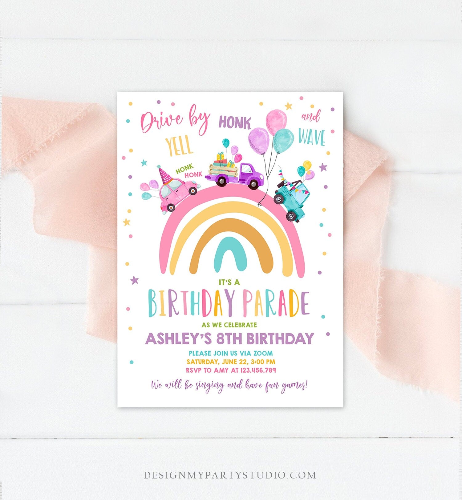 Editable Rainbow Drive By Birthday Parade Invitation Virtual Party Invite Honk Wave Car Girl Pink Quarantine Download Digital Corjl 0333