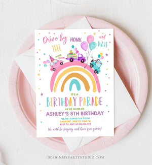Editable Rainbow Drive By Birthday Parade Invitation Virtual Party Invite Honk Wave Car Girl Pink Quarantine Download Digital Corjl 0333