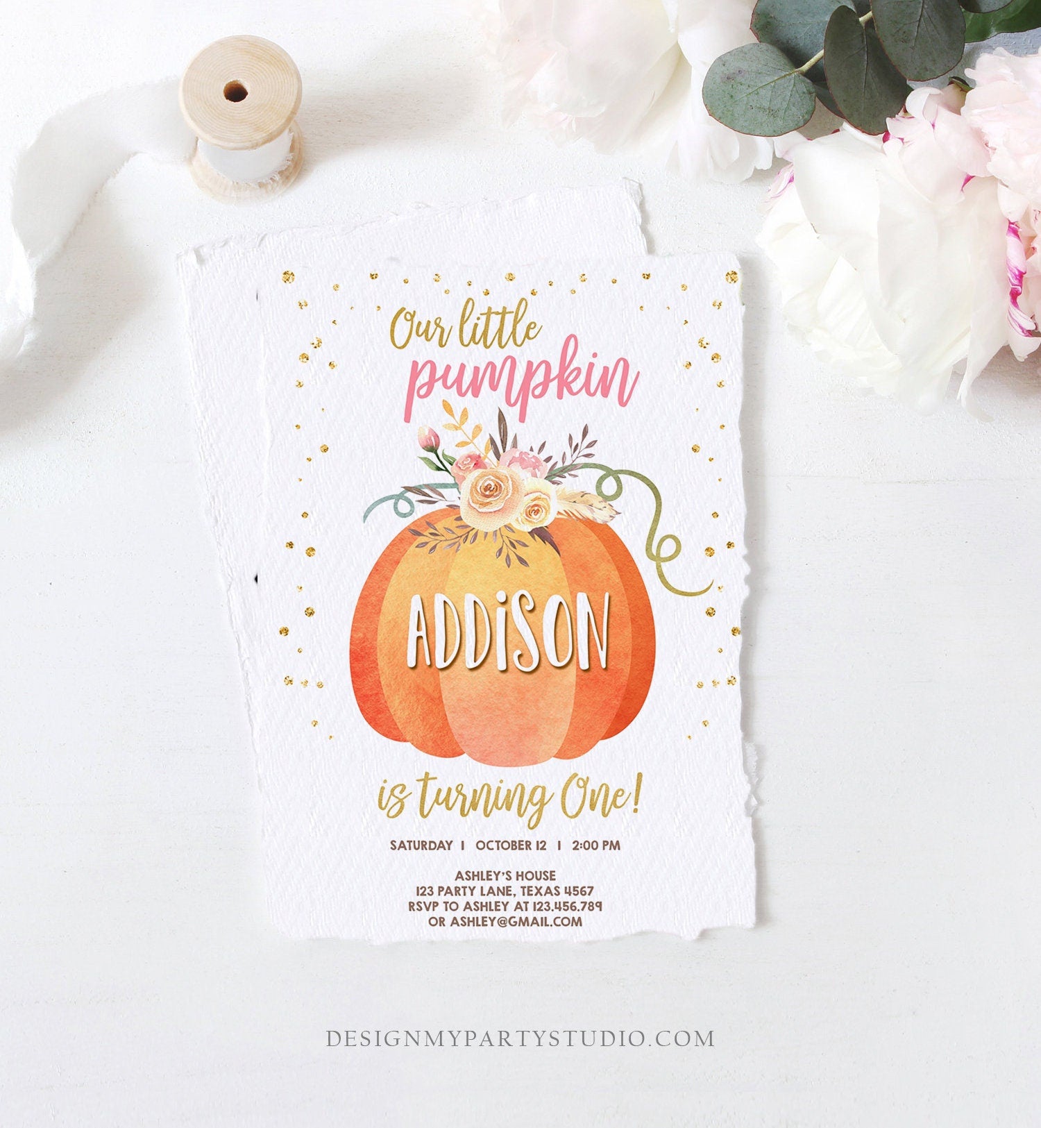 Editable Our Little Pumpkin Birthday Invitation Girl Pink Fall Autumn 1st Birthday Gold Confetti Download Corjl Template Printable 0194