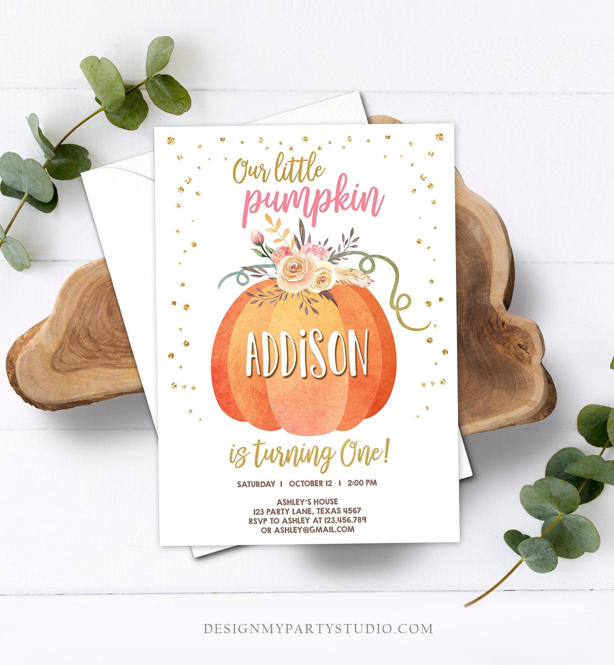 Editable Our Little Pumpkin Birthday Invitation Girl Pink Fall Autumn 1st Birthday Gold Confetti Download Corjl Template Printable 0194