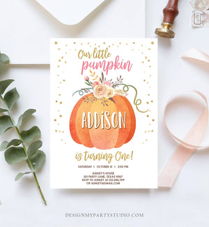 Editable Our Little Pumpkin Birthday Invitation Girl Pink Fall Autumn 1st Birthday Gold Confetti Download Corjl Template Printable 0194