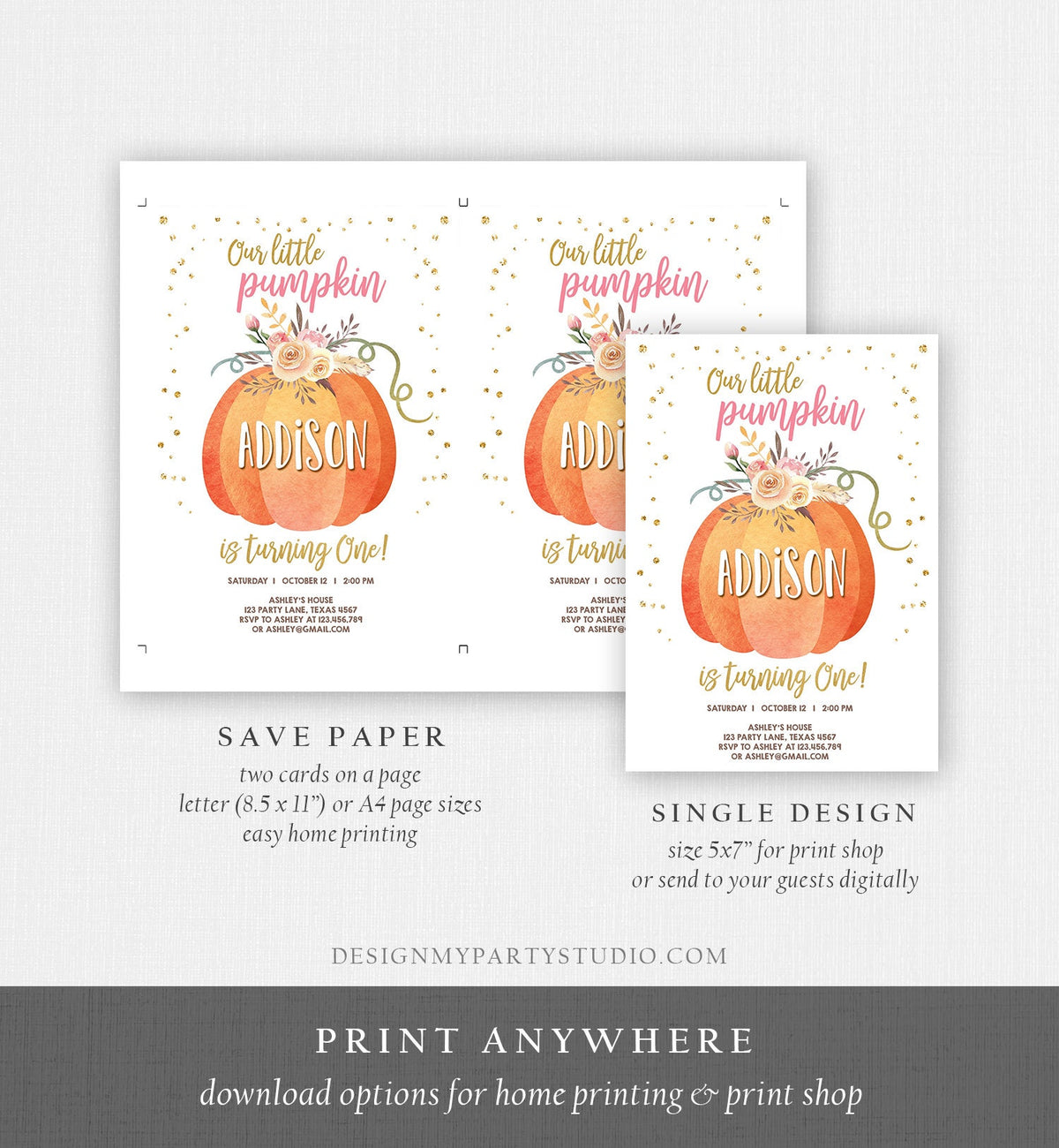 Editable Our Little Pumpkin Birthday Invitation Girl Pink Fall Autumn 1st Birthday Gold Confetti Download Corjl Template Printable 0194