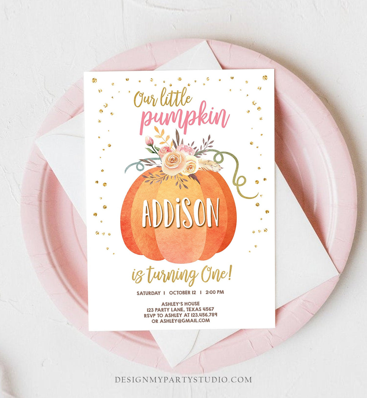 Editable Our Little Pumpkin Birthday Invitation Girl Pink Fall Autumn 1st Birthday Gold Confetti Download Corjl Template Printable 0194