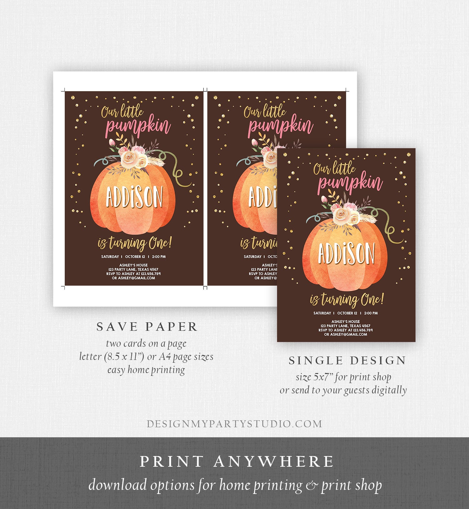 Editable Our Little Pumpkin Birthday Invitation Girl Pink Fall Autumn 1st Birthday Gold Confetti Download Corjl Template Printable 0194