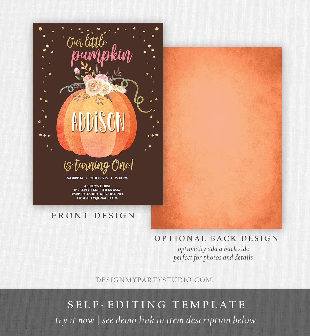 Editable Our Little Pumpkin Birthday Invitation Girl Pink Fall Autumn 1st Birthday Gold Confetti Download Corjl Template Printable 0194