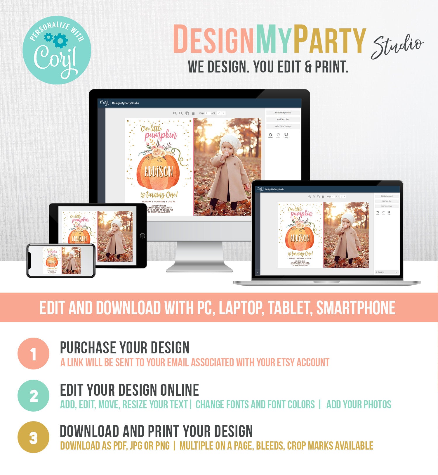 Editable Our Little Pumpkin Birthday Invitation Girl Pink Fall Autumn 1st Birthday Gold Confetti Download Corjl Template Printable 0194