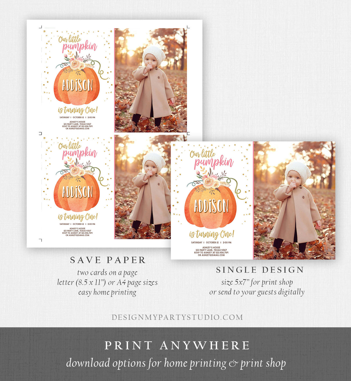 Editable Our Little Pumpkin Birthday Invitation Girl Pink Fall Autumn 1st Birthday Gold Confetti Download Corjl Template Printable 0194