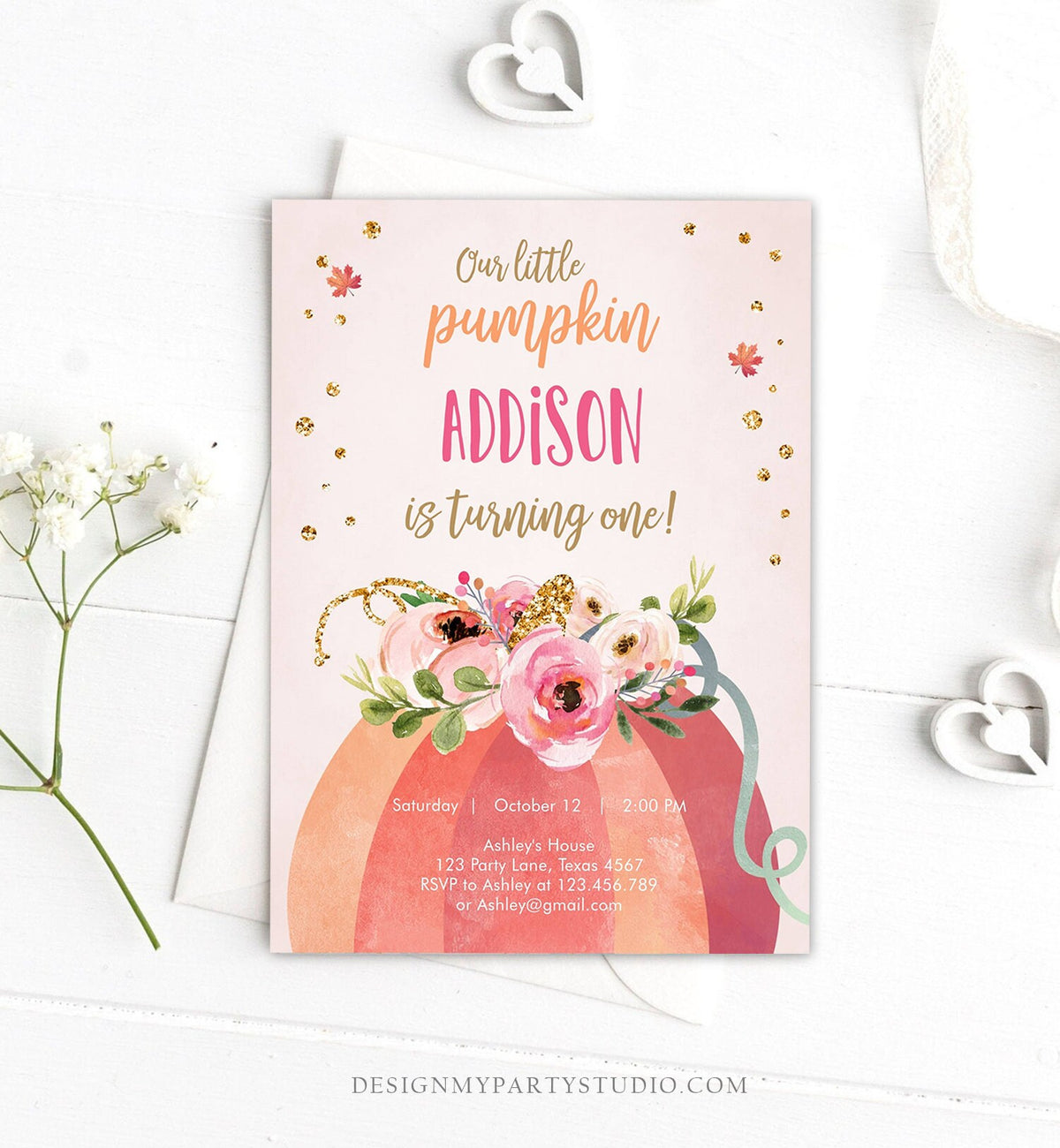Editable Our Little Pumpkin Birthday Invitation Girl Pink Fall Autumn First Birthday 1st Pink Gold Download Corjl Template Printable 0198