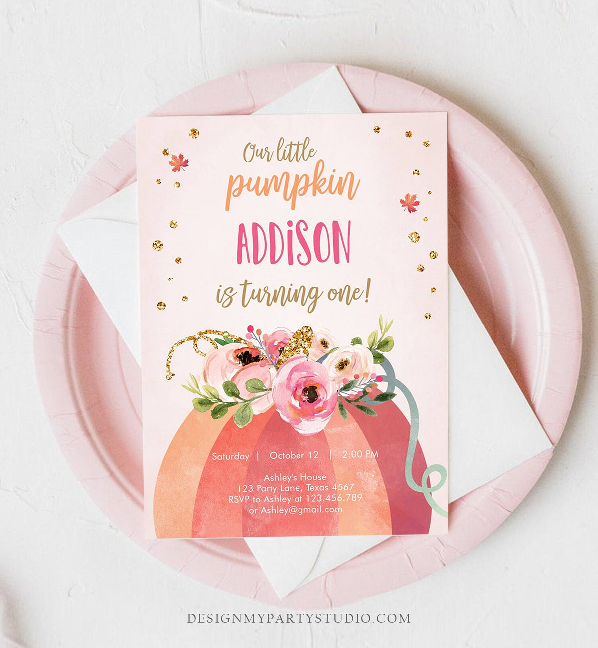 Editable Our Little Pumpkin Birthday Invitation Girl Pink Fall Autumn First Birthday 1st Pink Gold Download Corjl Template Printable 0198