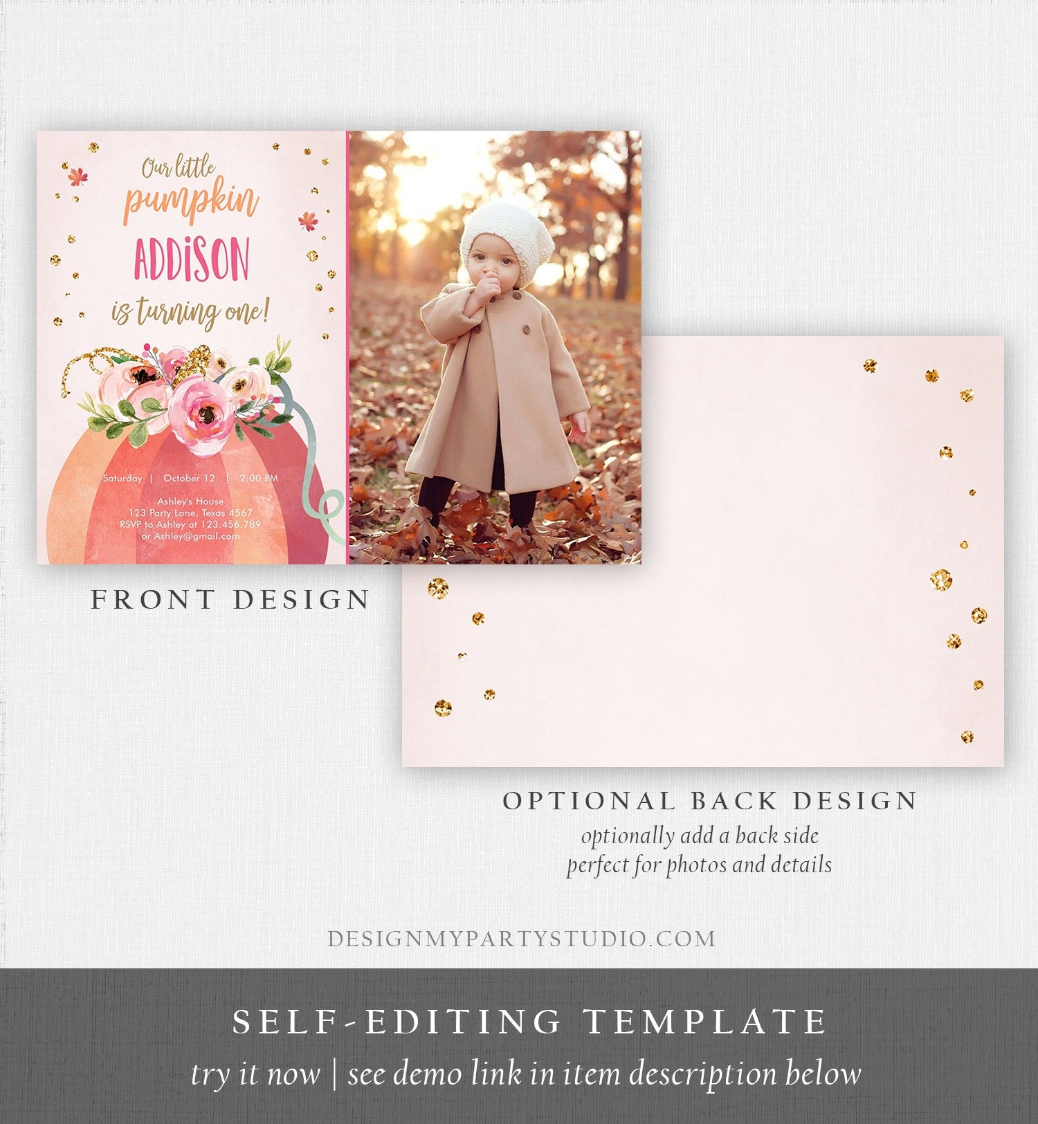 Editable Our Little Pumpkin Birthday Invitation Girl Pink Fall Autumn First Birthday 1st Pink Gold Download Corjl Template Printable 0198