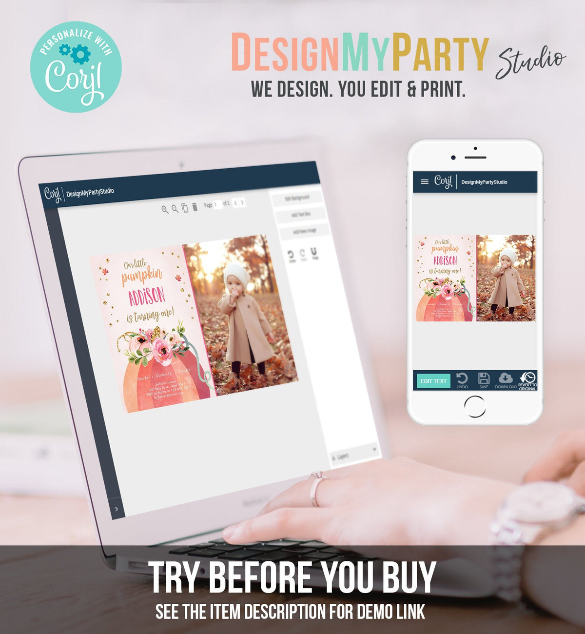 Editable Our Little Pumpkin Birthday Invitation Girl Pink Fall Autumn First Birthday 1st Pink Gold Download Corjl Template Printable 0198