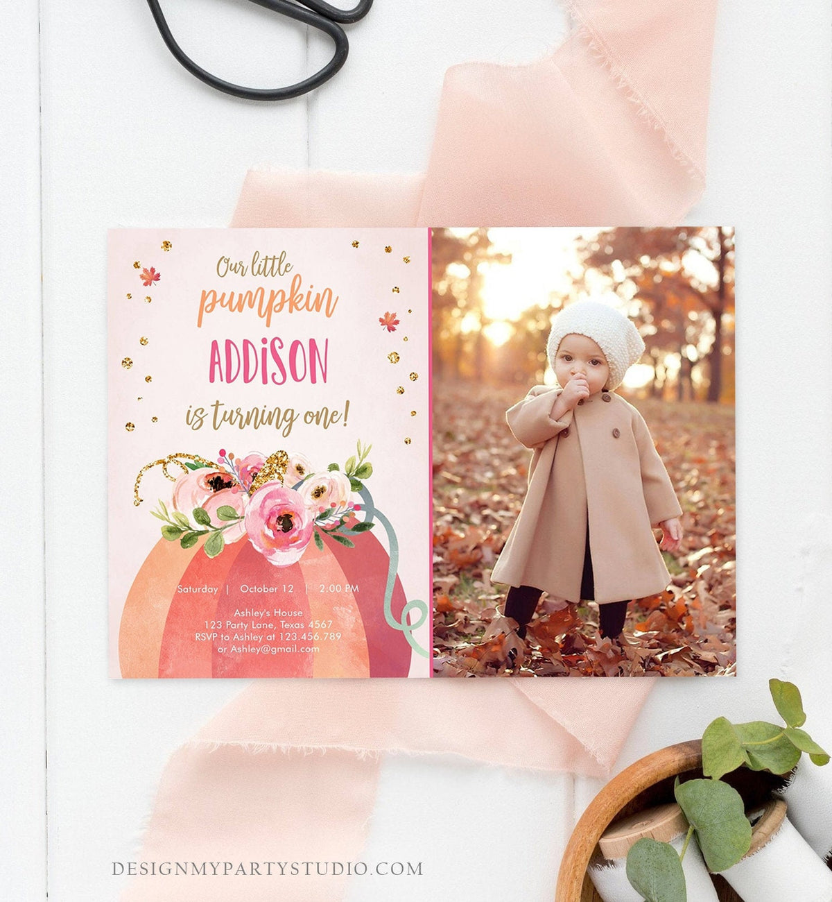 Editable Our Little Pumpkin Birthday Invitation Girl Pink Fall Autumn First Birthday 1st Pink Gold Download Corjl Template Printable 0198