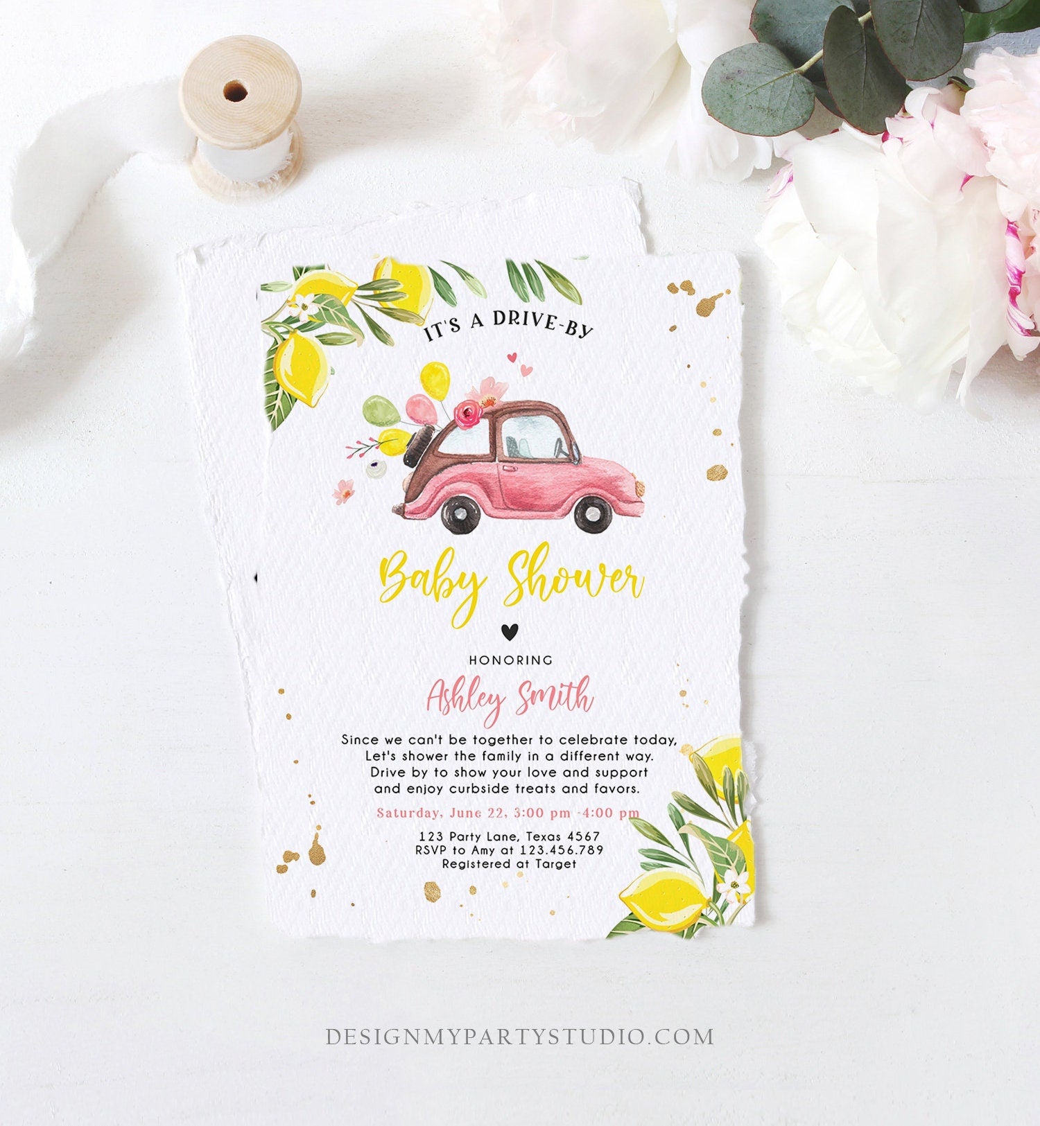 Editable Drive By Baby Shower Invitation Lemon Pink Girl Baby Shower Invite Drive Through Virtual Shower Lemons Template Download Corjl 0335