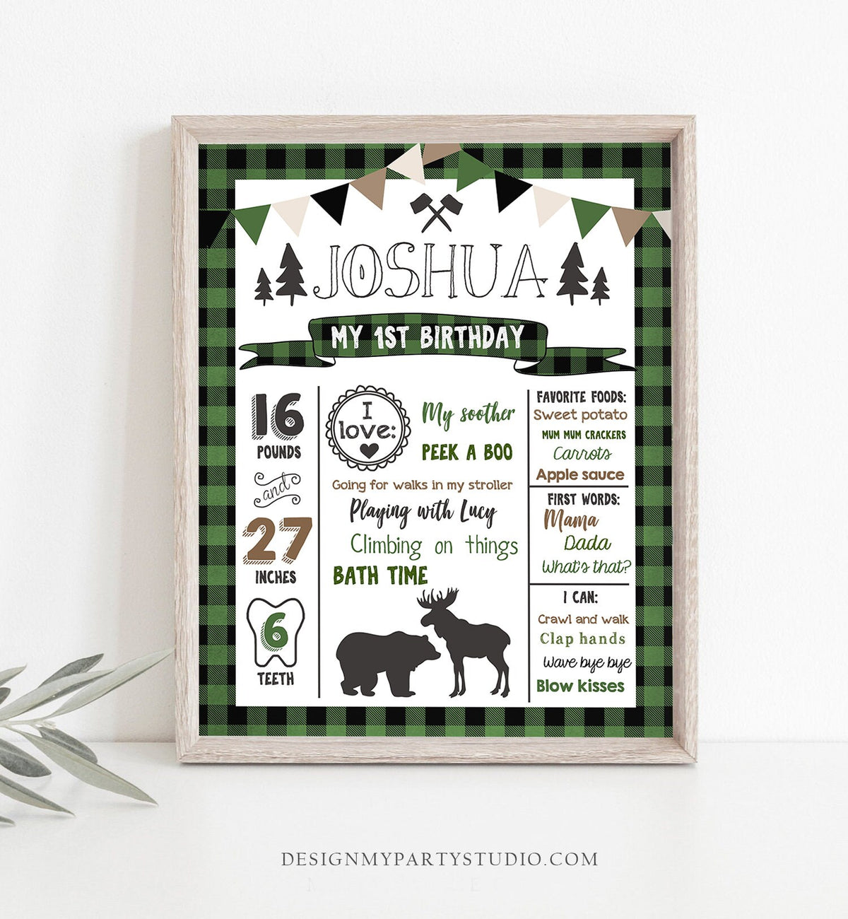 Editable Lumberjack Birthday Milestones Sign Poster Boy First Birthday 1st Green Black Plaid Hunter Green Woodland Bear Corjl Template 0377