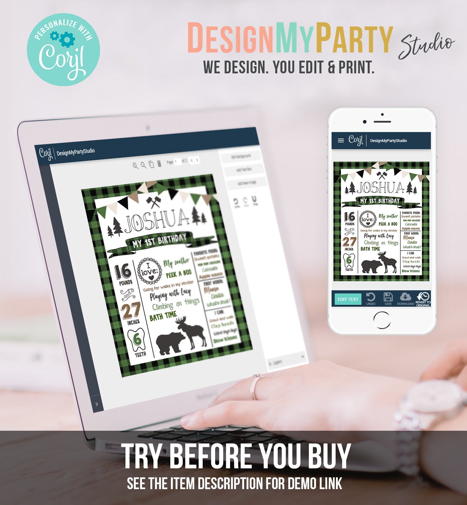 Editable Lumberjack Birthday Milestones Sign Poster Boy First Birthday 1st Green Black Plaid Hunter Green Woodland Bear Corjl Template 0377