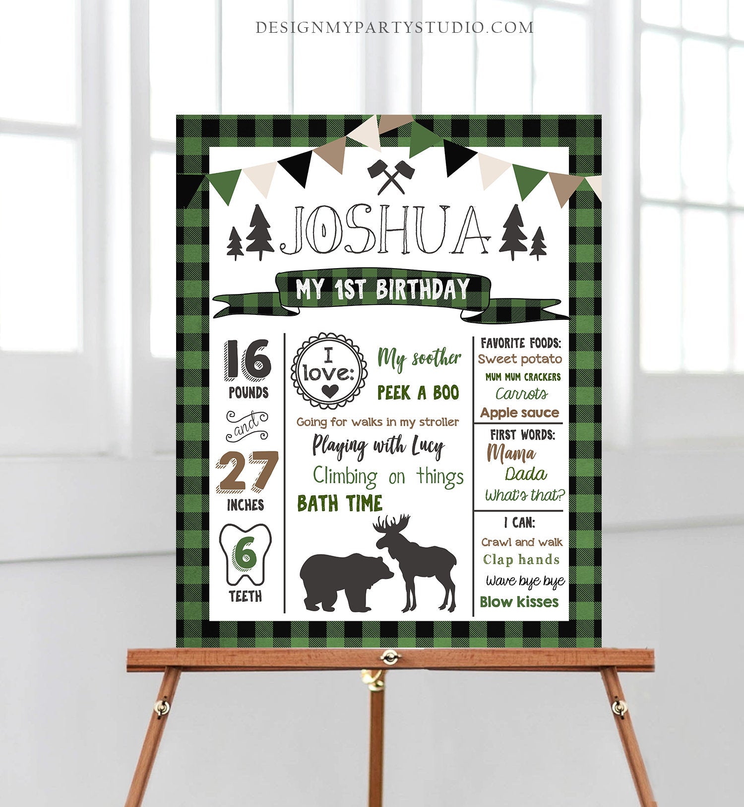Editable Lumberjack Birthday Milestones Sign Poster Boy First Birthday 1st Green Black Plaid Hunter Green Woodland Bear Corjl Template 0377