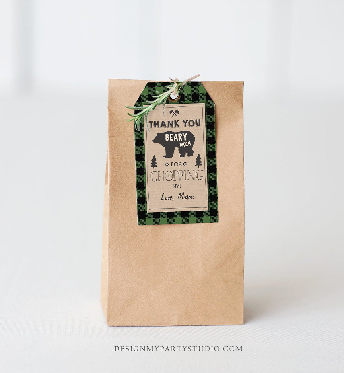 Editable Lumberjack Favor Tags Thank You Beary Much Lumberjack Tags Shower Chopping By Green Buffalo Plaid Corjl Template Printable 0026