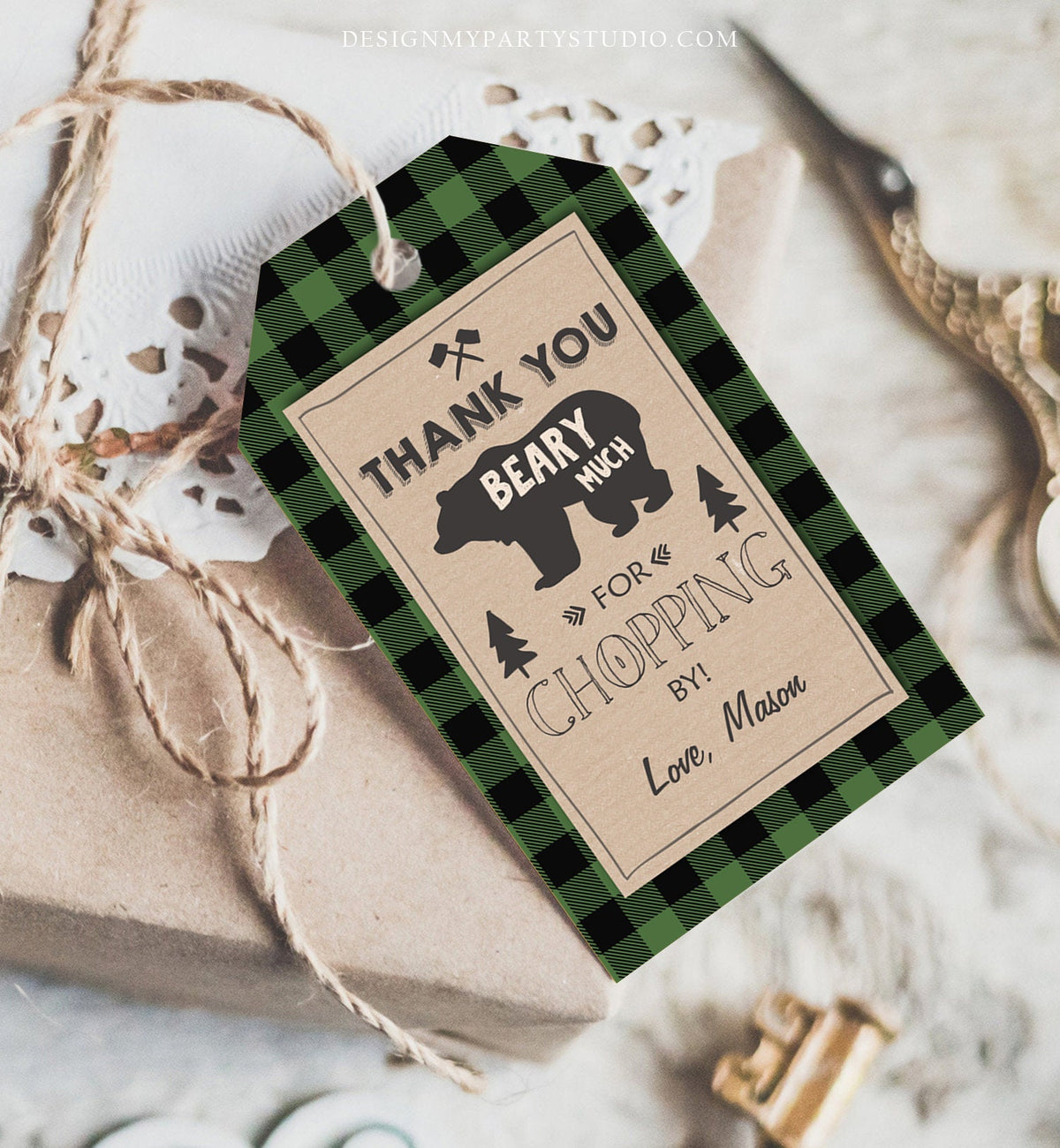 Editable Lumberjack Favor Tags Thank You Beary Much Lumberjack Tags Shower Chopping By Green Buffalo Plaid Corjl Template Printable 0026