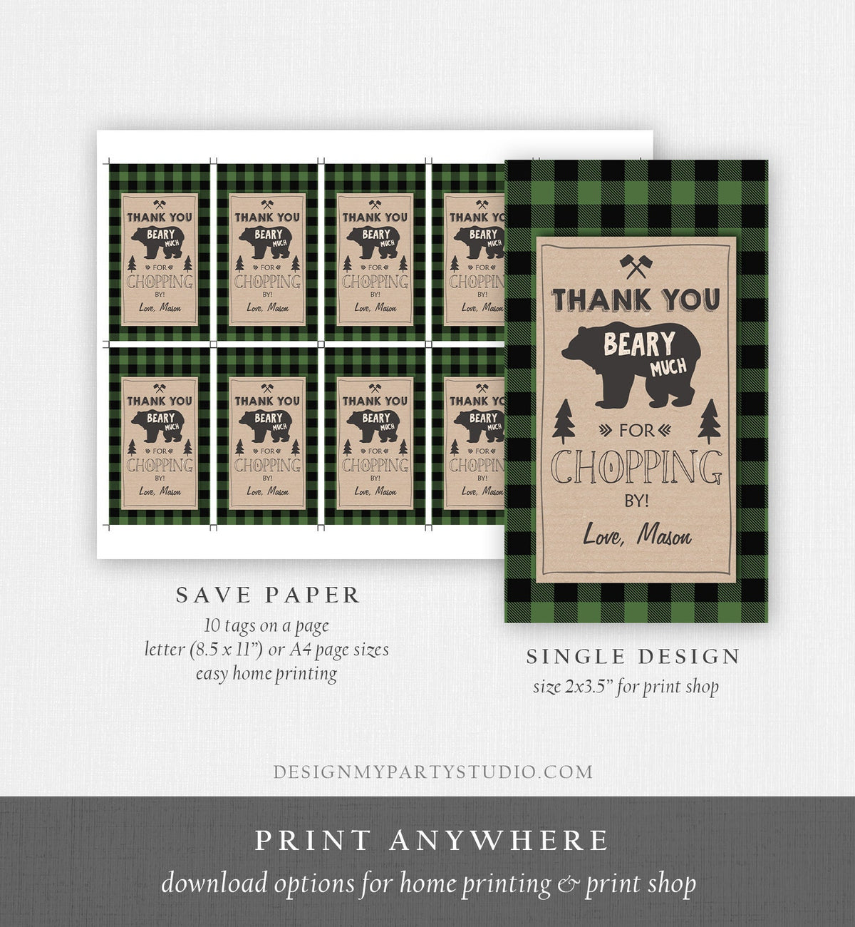 Editable Lumberjack Favor Tags Thank You Beary Much Lumberjack Tags Shower Chopping By Green Buffalo Plaid Corjl Template Printable 0026
