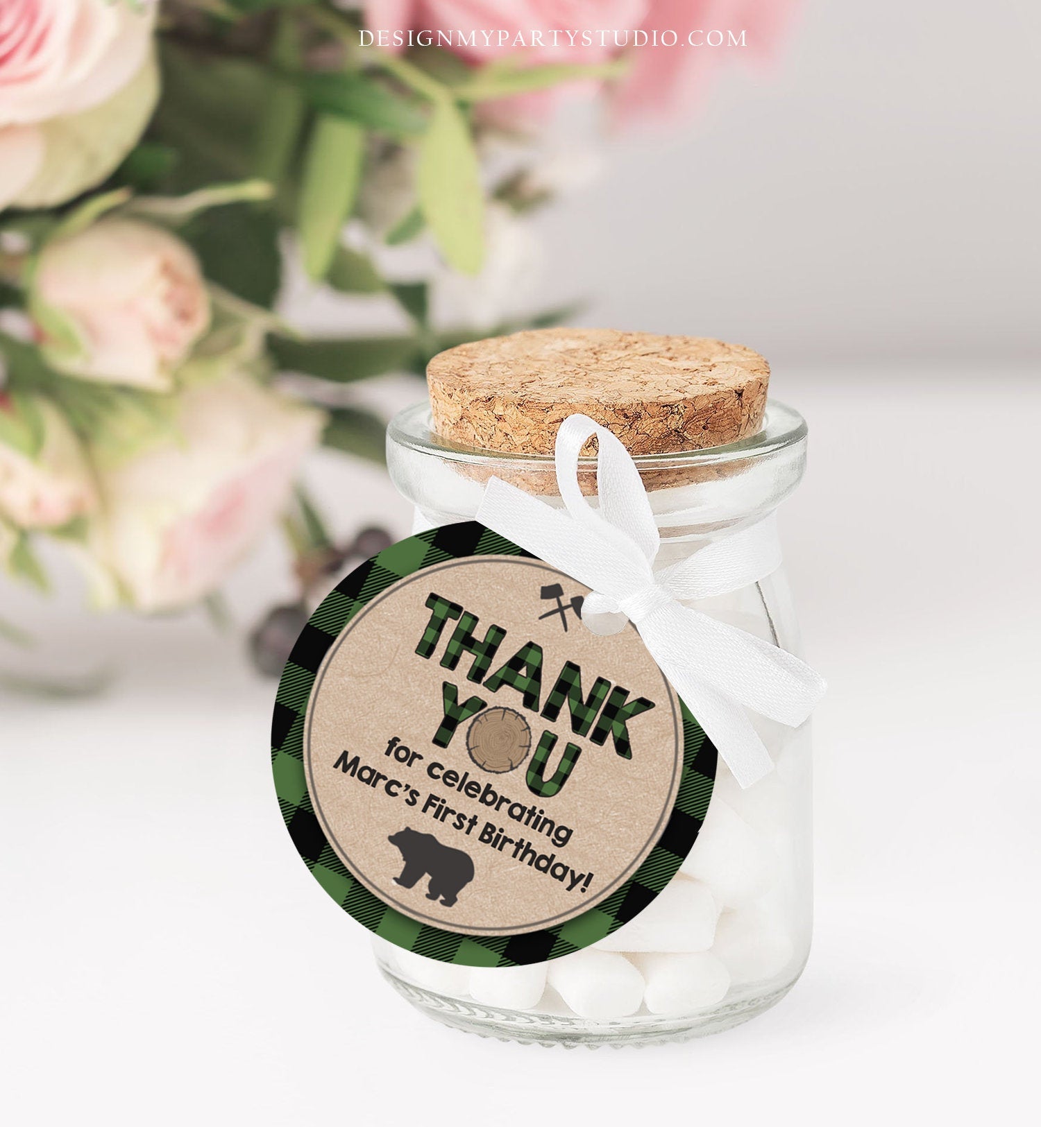 Editable Lumberjack Favor Tags Thank You Lumberjack Birthday Round Square Sticker Baby Shower Woodland Green Plaid Bear Corjl Template 0026