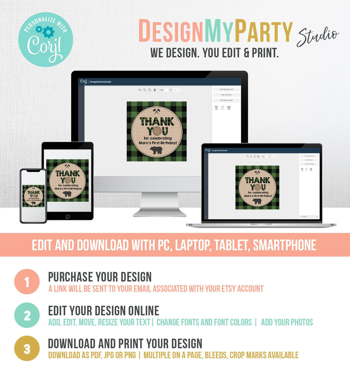 Editable Lumberjack Favor Tags Thank You Lumberjack Birthday Round Square Sticker Baby Shower Woodland Green Plaid Bear Corjl Template 0026