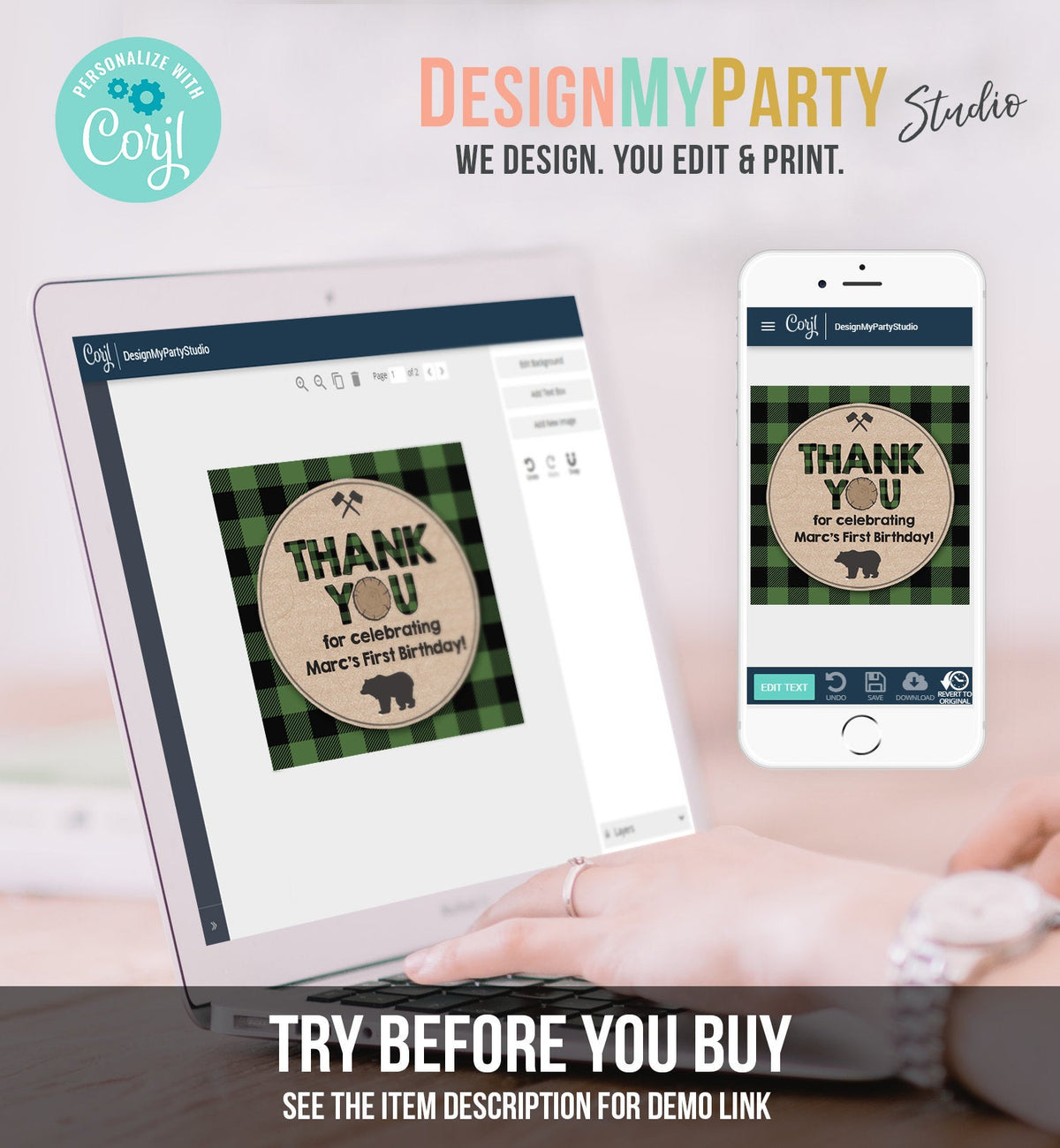 Editable Lumberjack Favor Tags Thank You Lumberjack Birthday Round Square Sticker Baby Shower Woodland Green Plaid Bear Corjl Template 0026