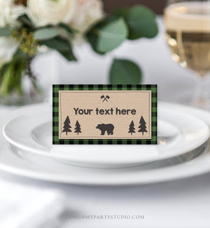 Editable Food Labels Lumberjack Birthday Wild One Green Buffalo Plaid Place Card Tent Card Escort Card Bear Woodland Template Corjl 0026