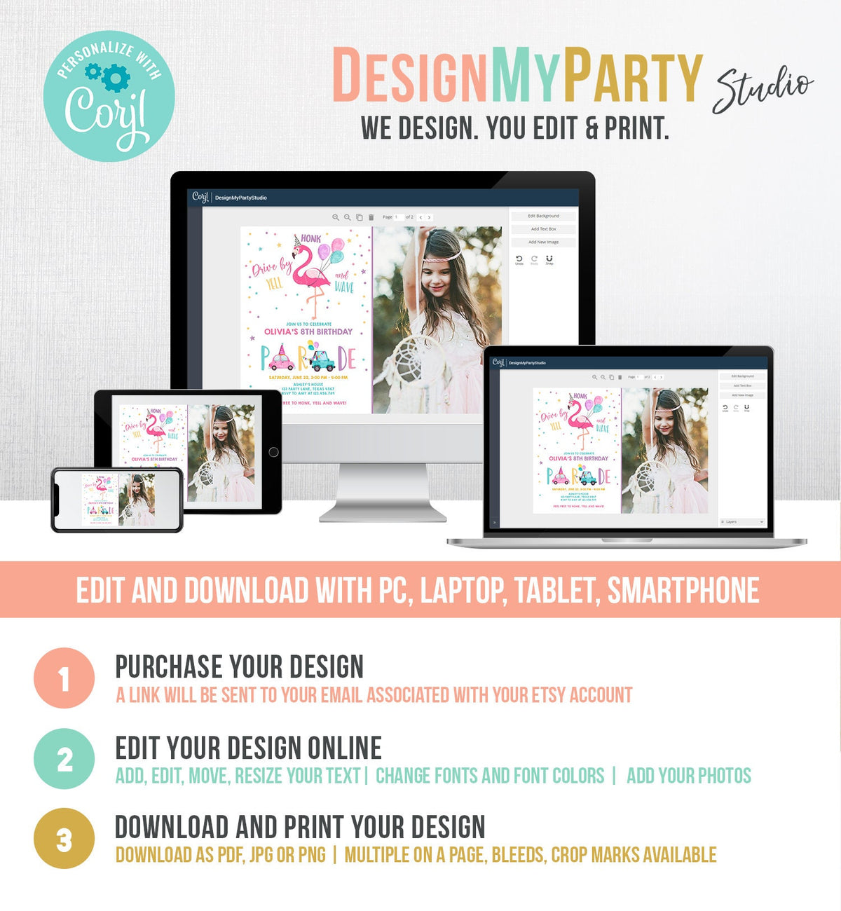 Editable Flamingo Drive By Birthday Parade Invitation Virtual Party Invite Honk Wave Car Girl Pink Quarantine Download Digital Corjl 0200