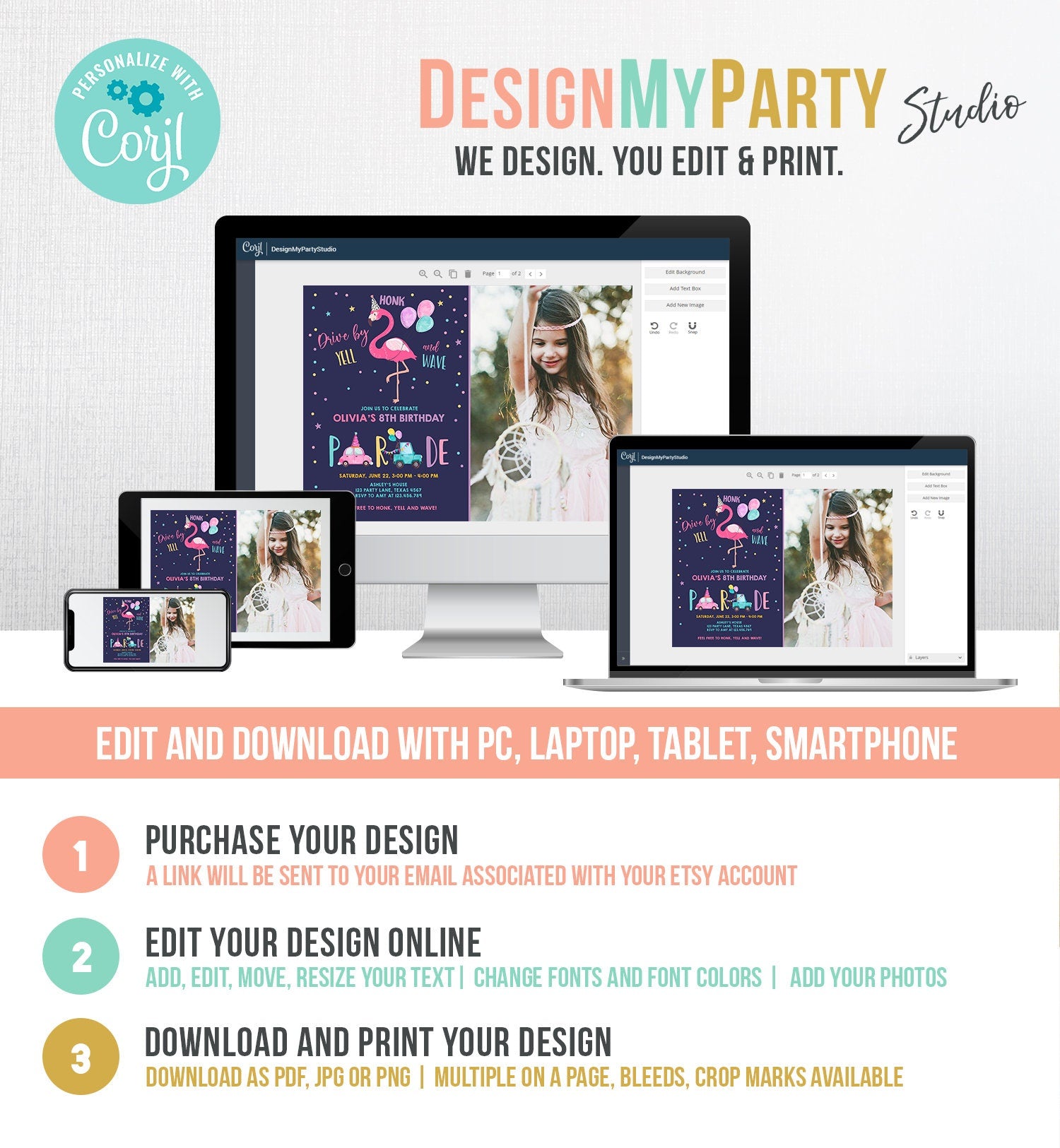 Editable Flamingo Drive By Birthday Parade Invitation Virtual Party Invite Honk Wave Car Girl Pink Quarantine Download Digital Corjl 0200