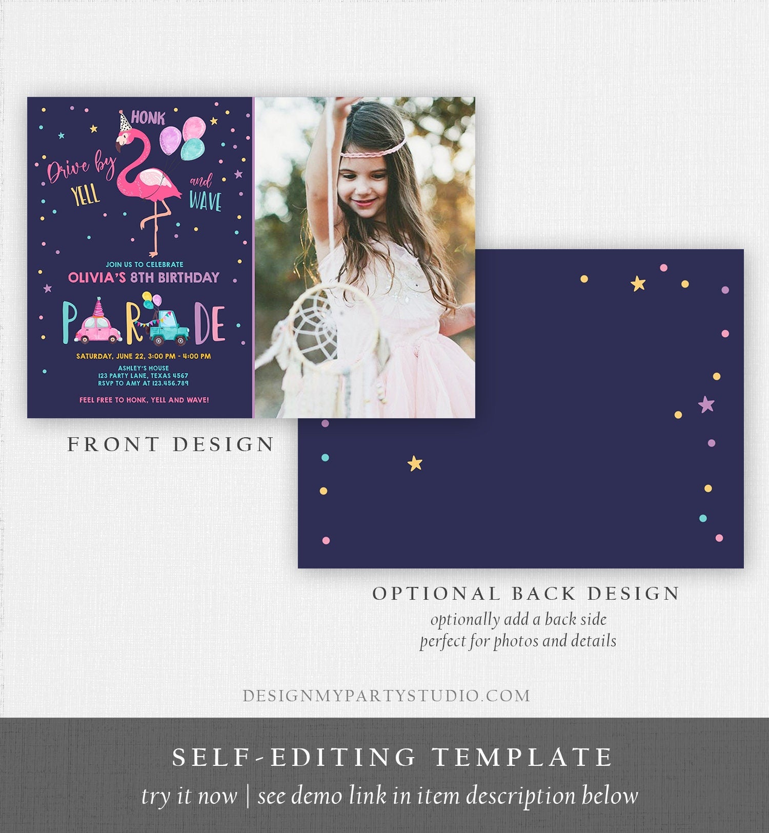 Editable Flamingo Drive By Birthday Parade Invitation Virtual Party Invite Honk Wave Car Girl Pink Quarantine Download Digital Corjl 0200