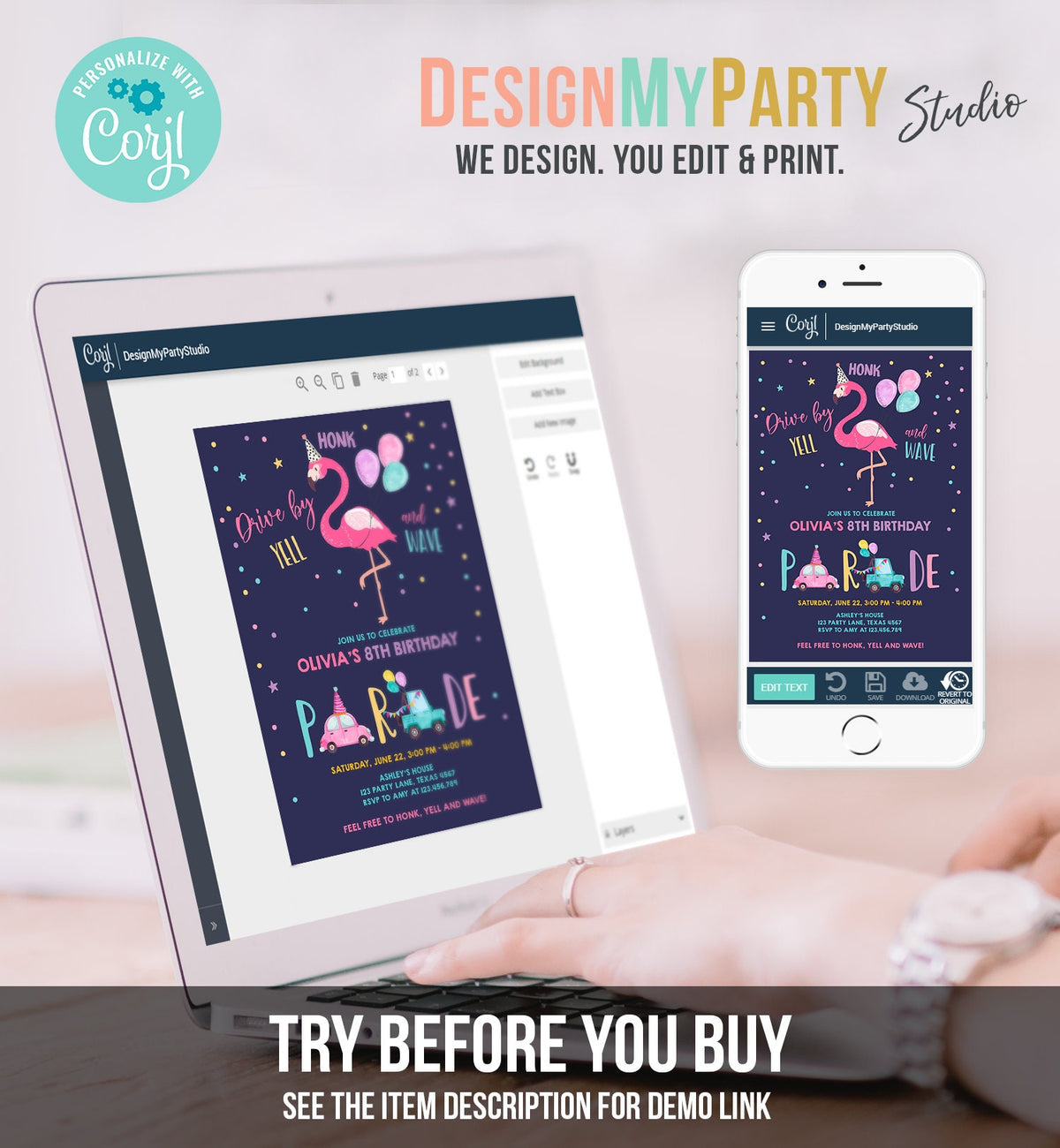 Editable Flamingo Drive By Birthday Parade Invitation Virtual Party Invite Honk Wave Car Girl Pink Quarantine Download Digital Corjl 0200