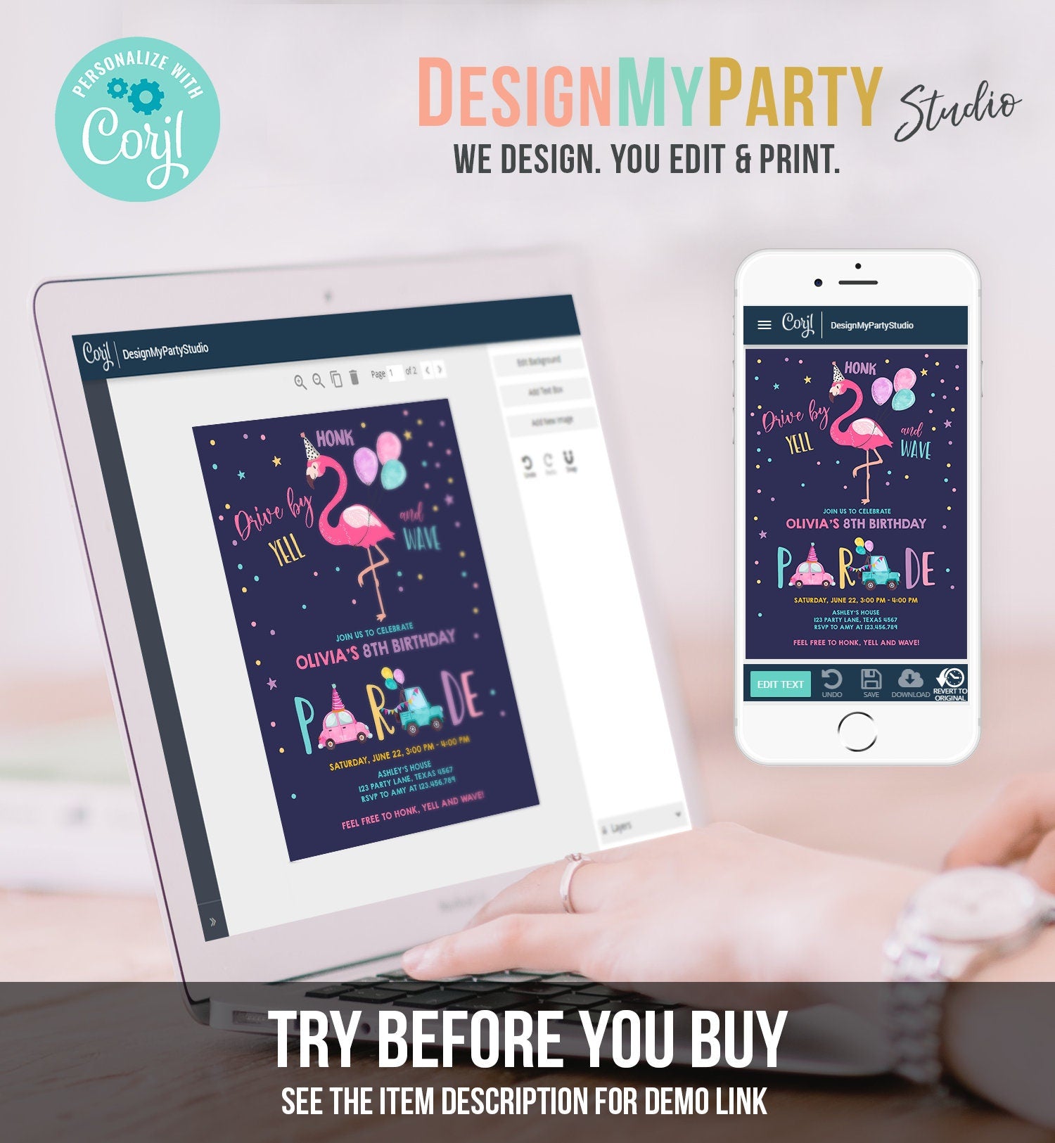 Editable Flamingo Drive By Birthday Parade Invitation Virtual Party Invite Honk Wave Car Girl Pink Quarantine Download Digital Corjl 0200