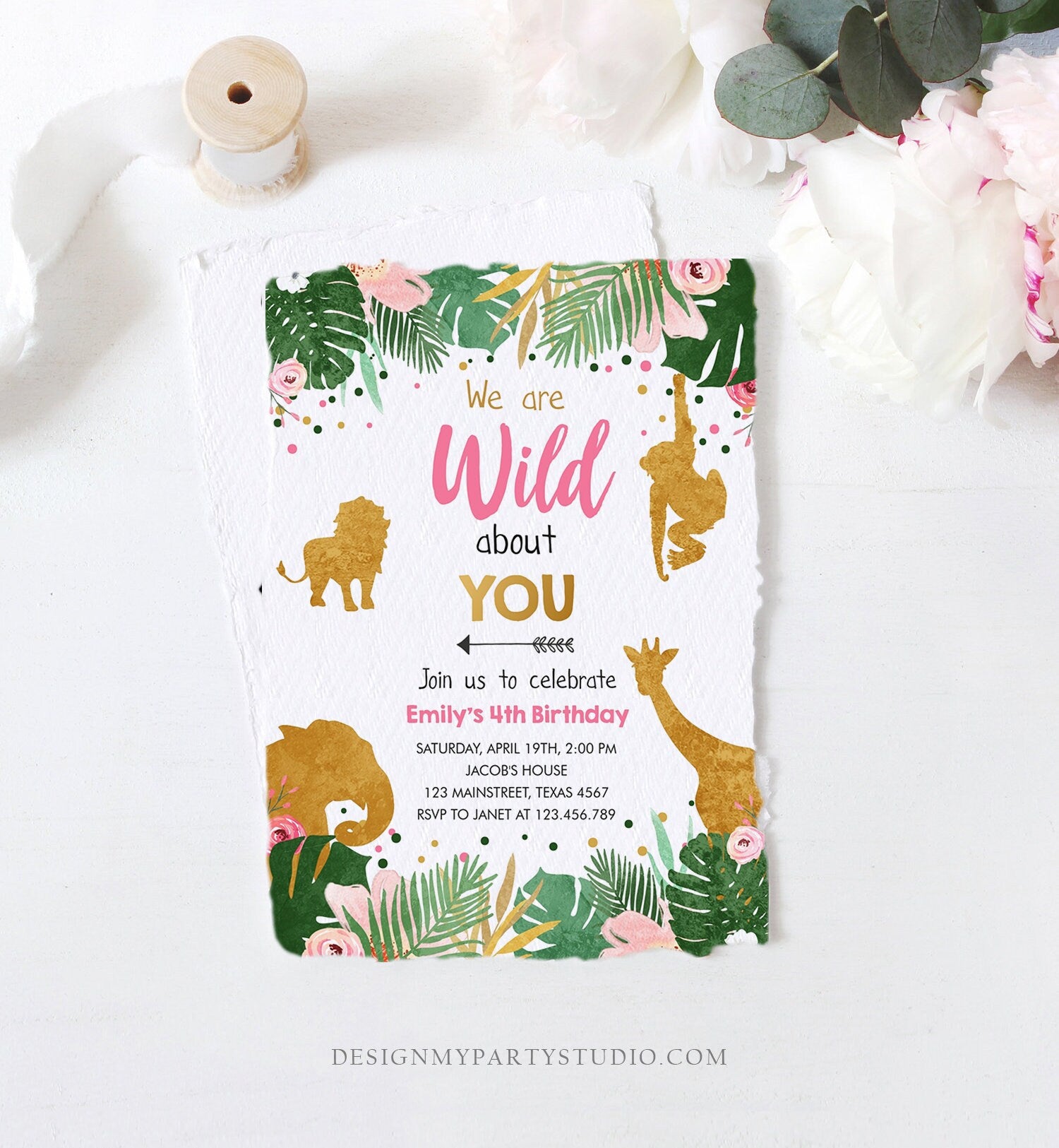 Editable Safari Animals Wild Birthday Invitation Wild About You Jungle Zoo Gold Girl Pink Adoption Foster Printable Corjl Template 0016