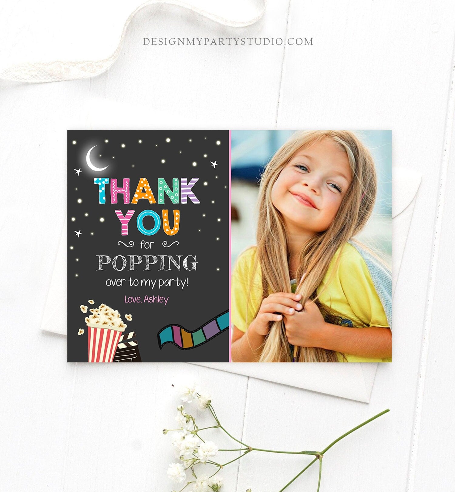 Editable Movie Night Thank You Card Under the Stars Backyard Movie Night Party Birthday Popping By Download Printable Template Corjl 0042