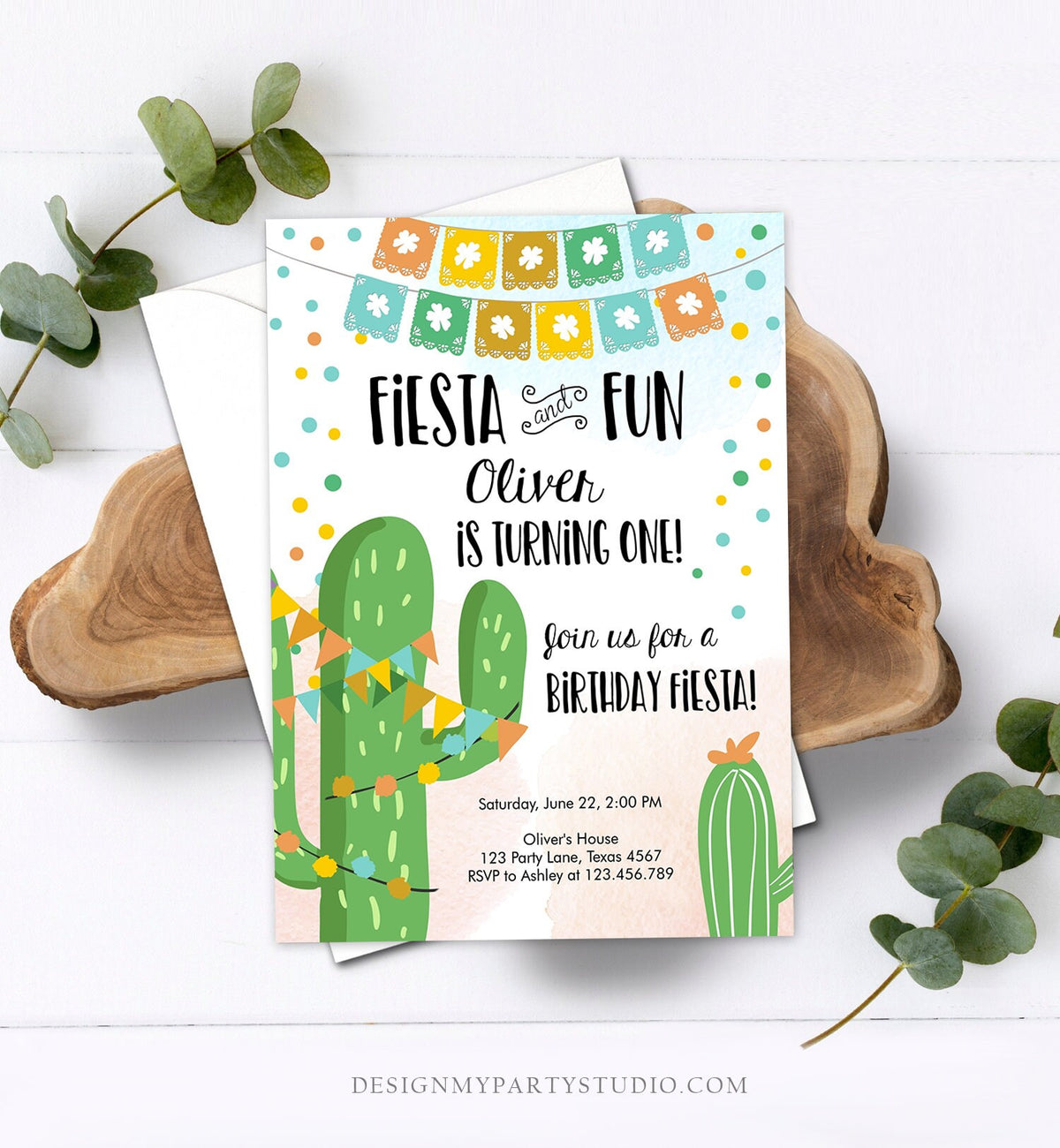 Editable Fiesta and Fun Birthday Invitation First Birthday Cactus Garland Blue Boy ANY AGE Instant Download Corjl Template Printable 0135