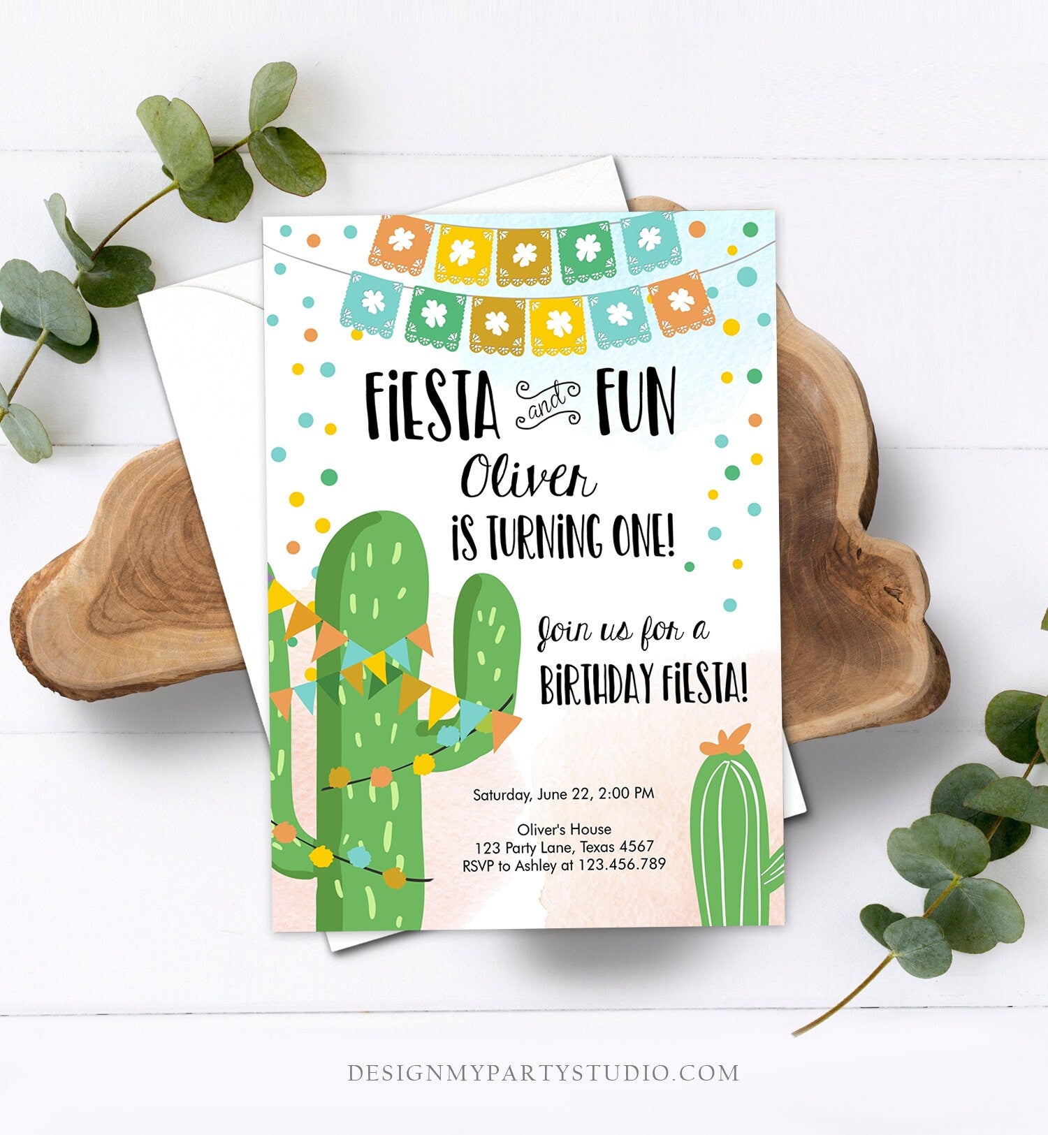 Editable Fiesta and Fun Birthday Invitation First Birthday Cactus Garland Blue Boy ANY AGE Instant Download Corjl Template Printable 0135