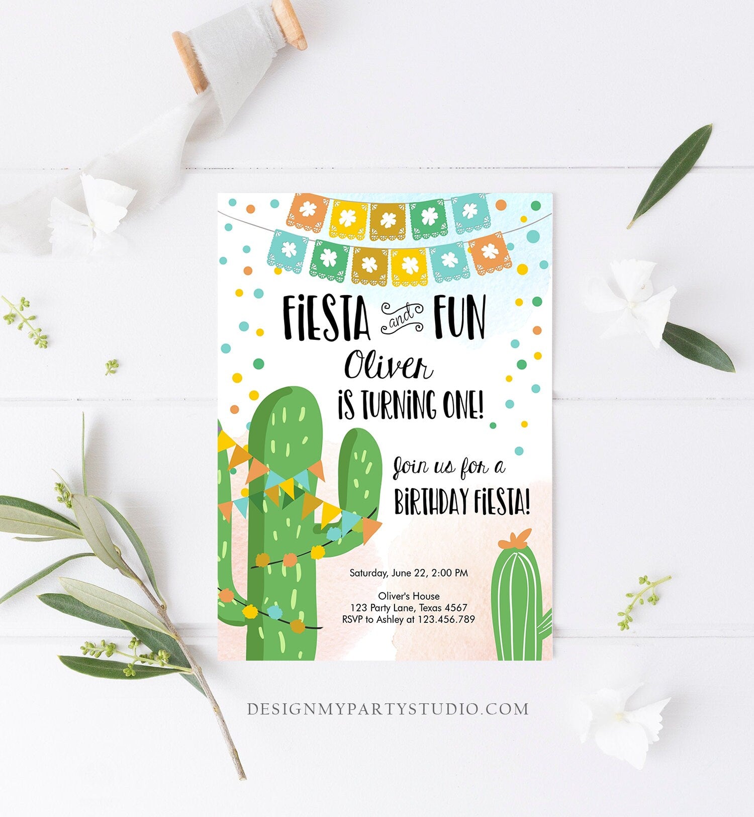 Editable Fiesta and Fun Birthday Invitation First Birthday Cactus Garland Blue Boy ANY AGE Instant Download Corjl Template Printable 0135