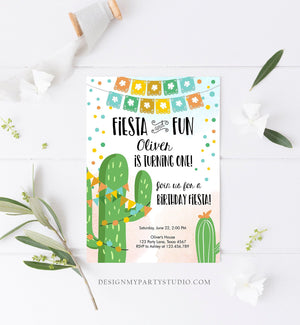 Editable Fiesta and Fun Birthday Invitation First Birthday Cactus Garland Blue Boy ANY AGE Instant Download Corjl Template Printable 0135