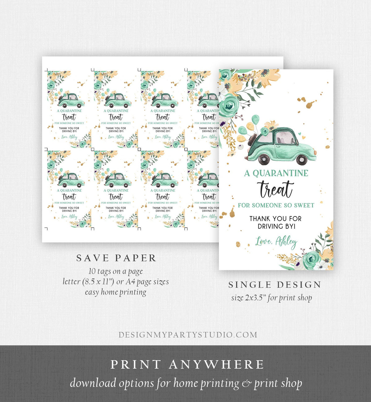 Editable Drive By Favor Tag Drive Through Baby Shower Bridal Shower Birthday Thank You Gift Tags Quarantine Mint Green Floral Corjl 0335