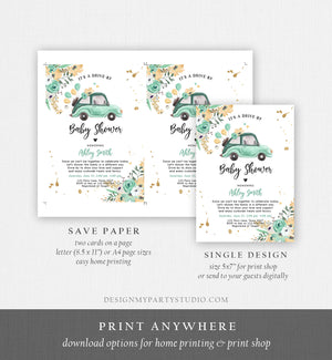 Editable Drive By Baby Shower Invitation Mint Green Neutral Boy Girl Baby Sprinkle Quarantine Drive Through Floral Corjl Template 0335