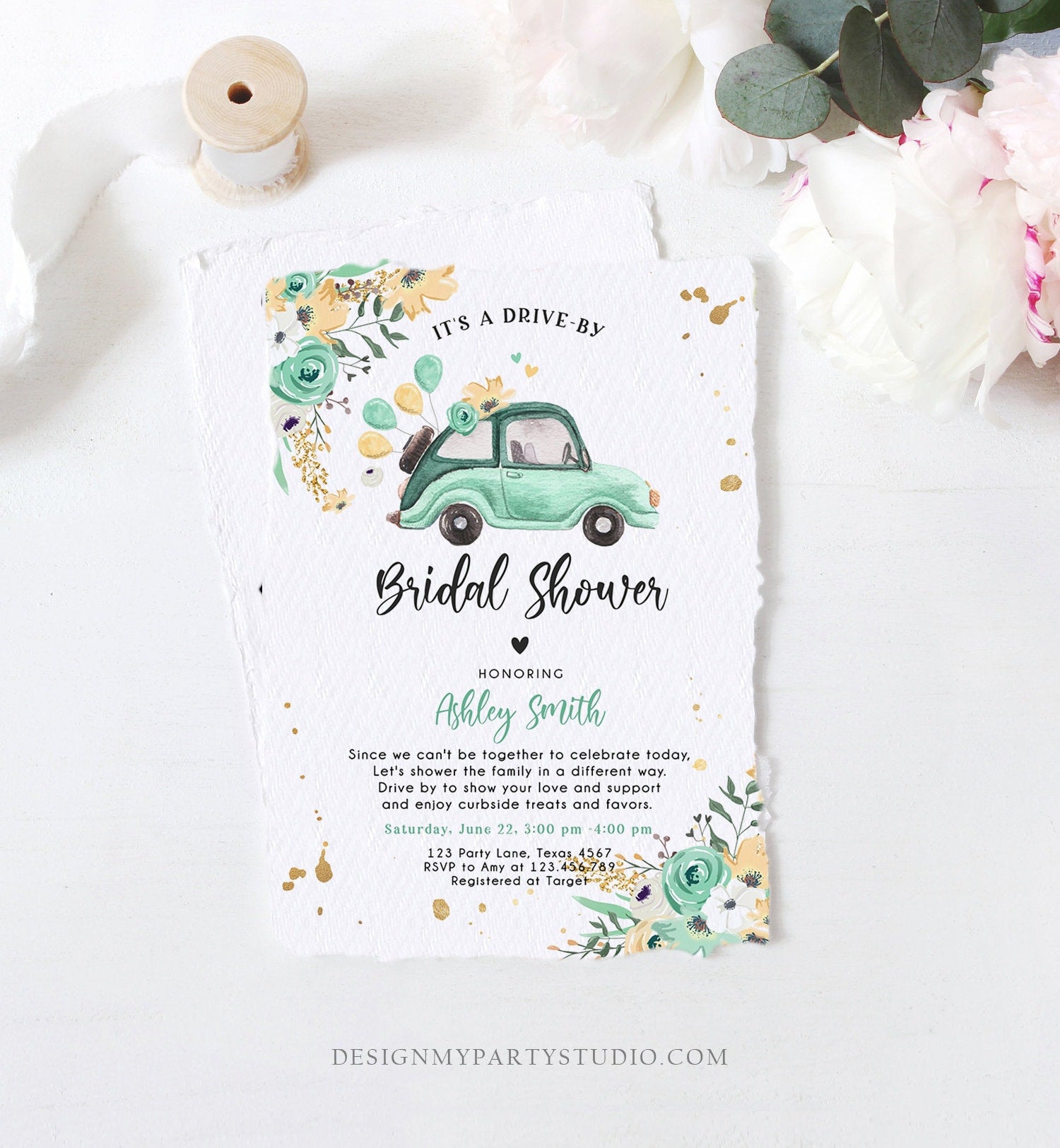 Editable Drive By Bridal Shower Invitation Couples Shower Quarantine Drive Through Floral Wedding Shower Mint Green Corjl Digital 0335
